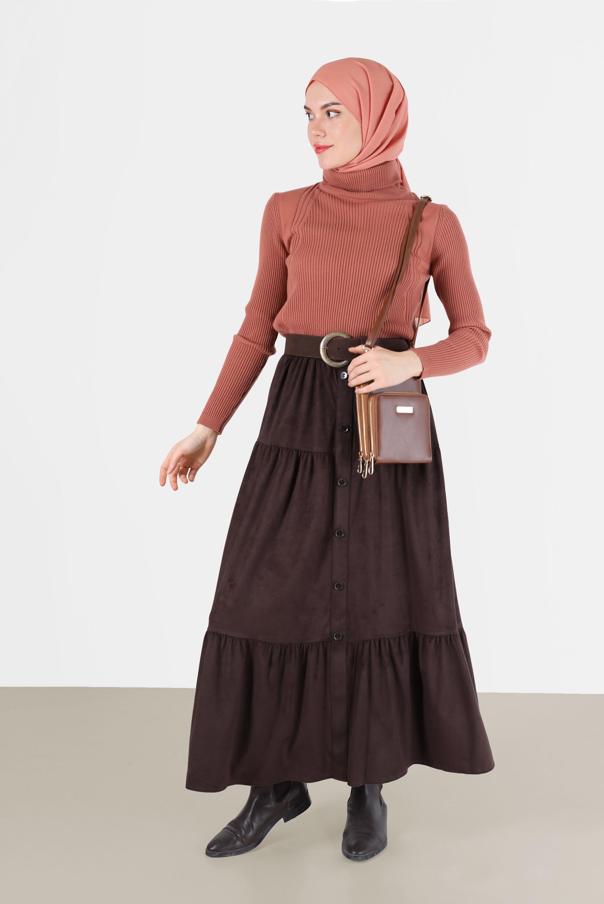 Tesettür giyim KAHVE DÜĞME DETAYLI KATLI ETEK 60226	