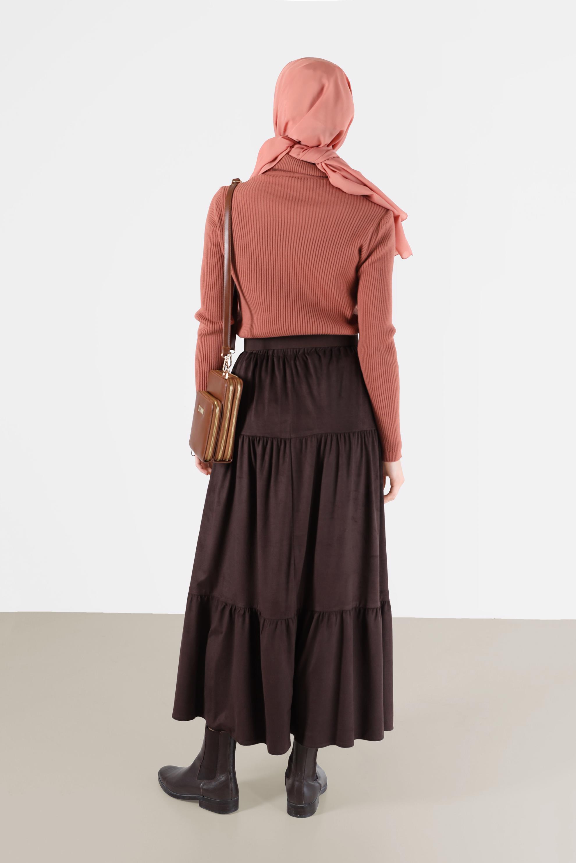 Tesettür giyim KAHVE DÜĞME DETAYLI KATLI ETEK 60226	