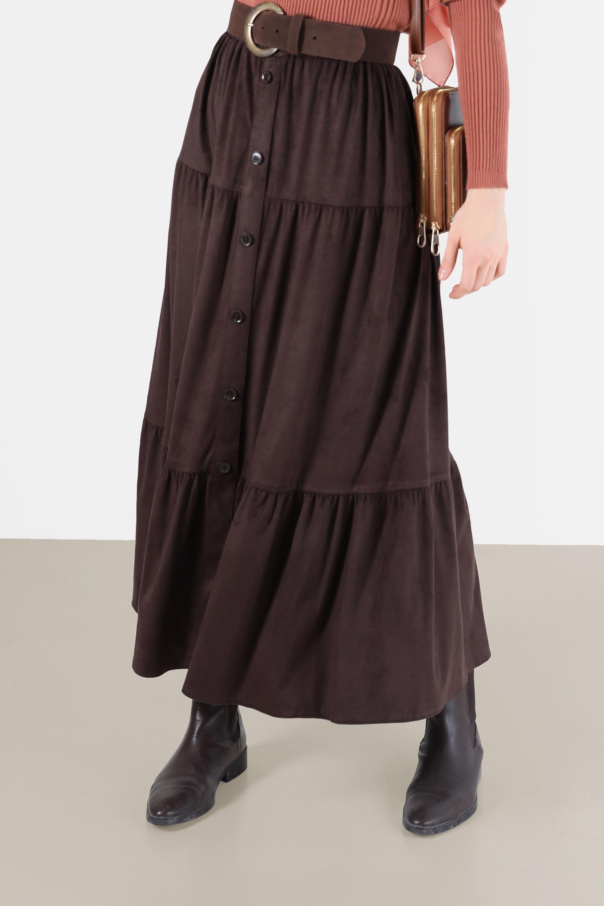 Tesettür giyim KAHVE DÜĞME DETAYLI KATLI ETEK 60226	