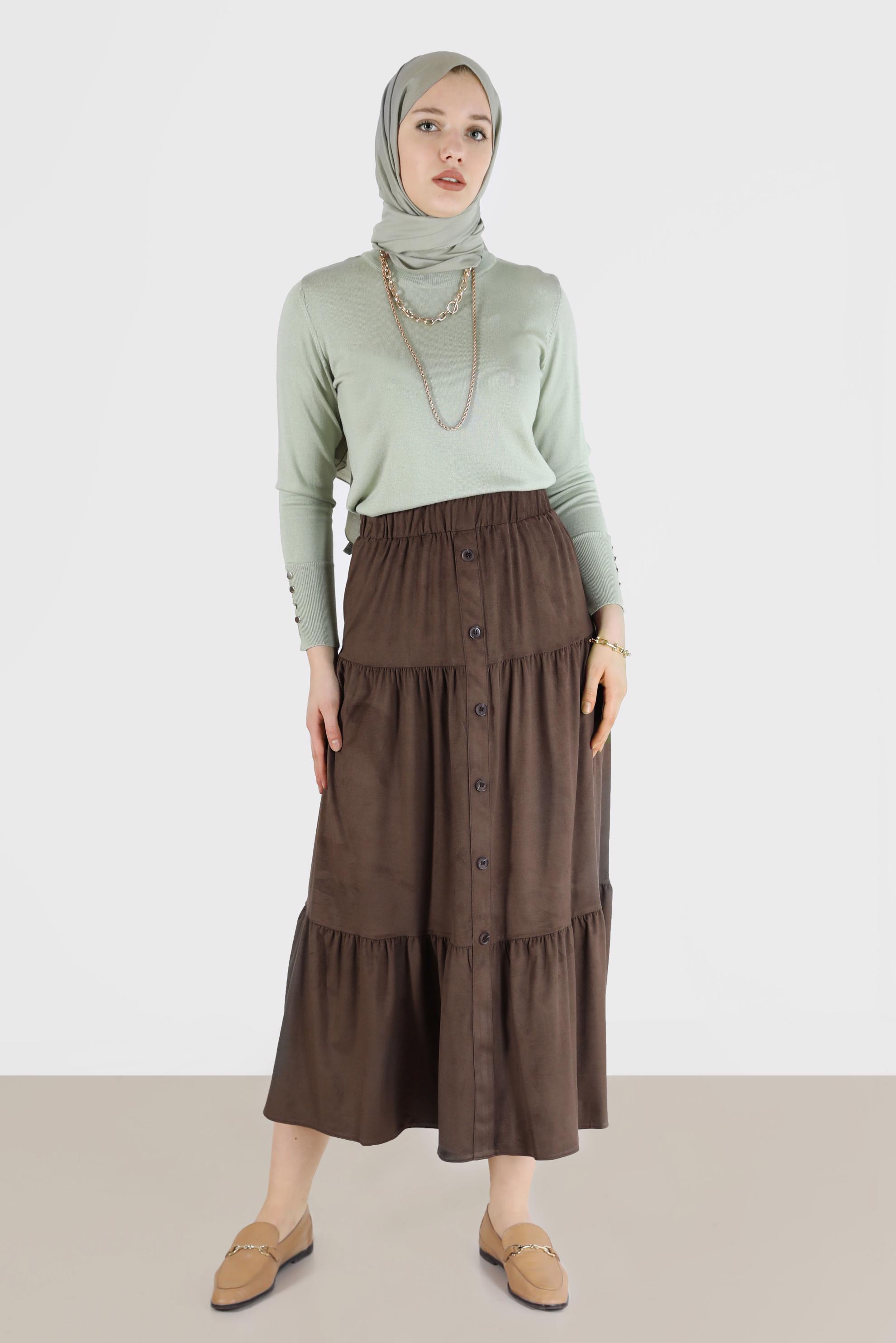 Tesettür giyim KAHVE DÜĞME DETAYLI KATLI ETEK 60226	