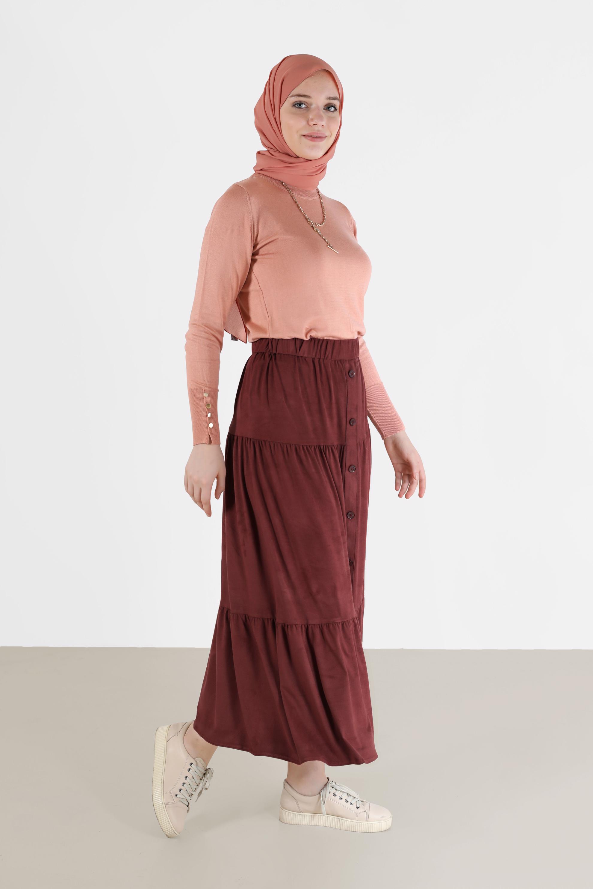 Tesettür giyim TURUNCU DÜĞME DETAYLI KATLI ETEK 60226	