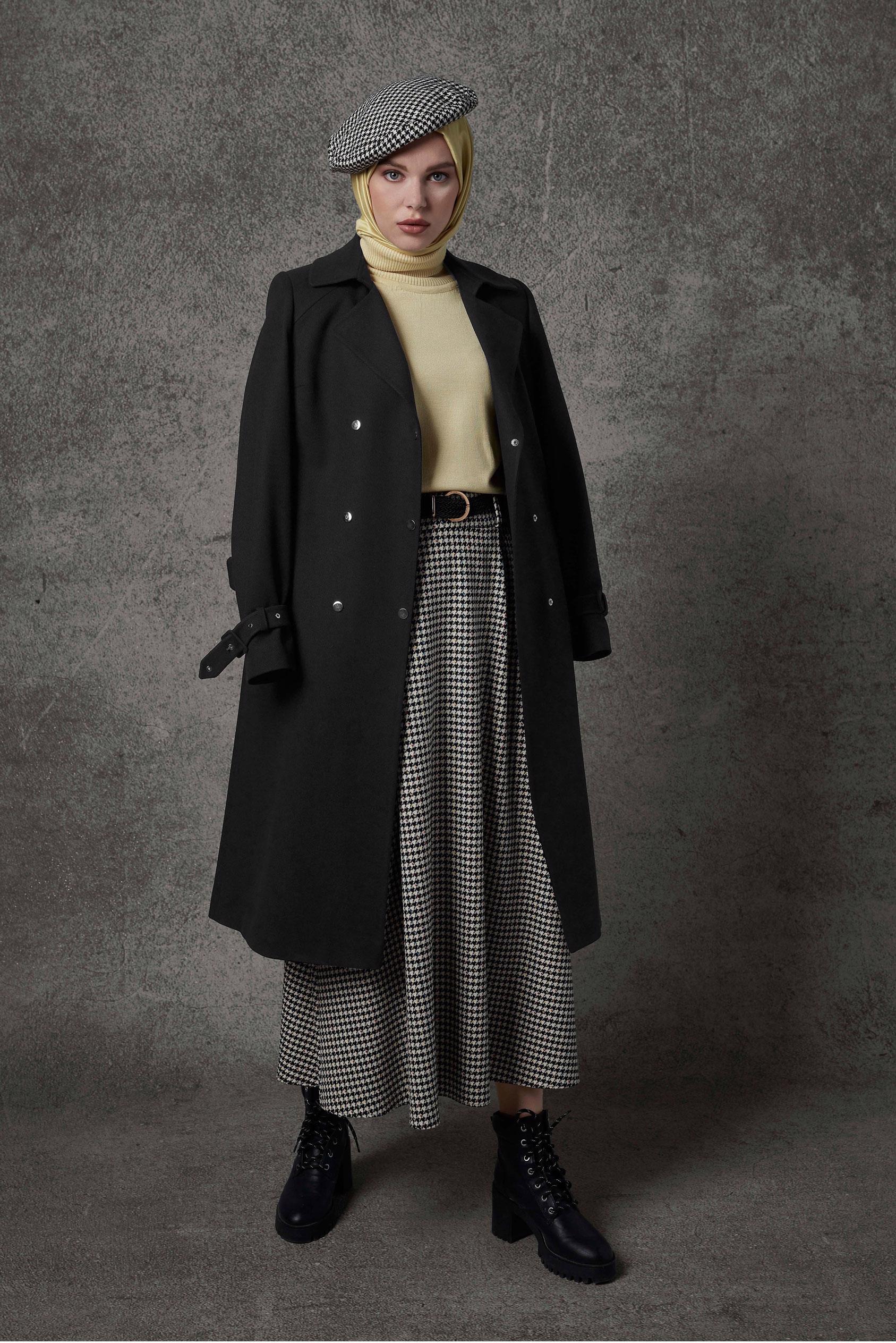 Tesettür giyim SİYAH KEMER DETAYLI KRUVAZE YAKA TRENÇKOT 10452  