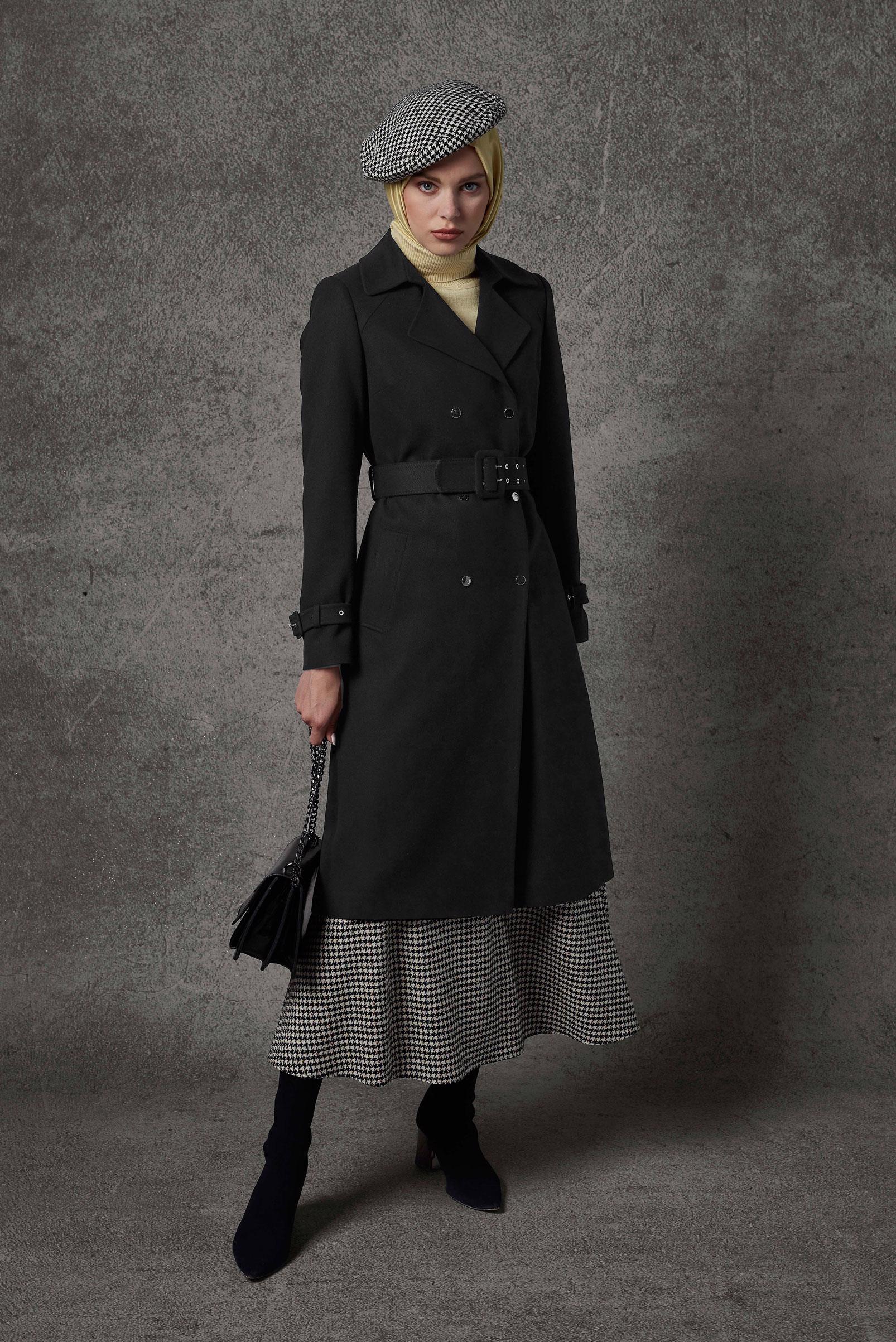 Tesettür giyim SİYAH KEMER DETAYLI KRUVAZE YAKA TRENÇKOT 10452  