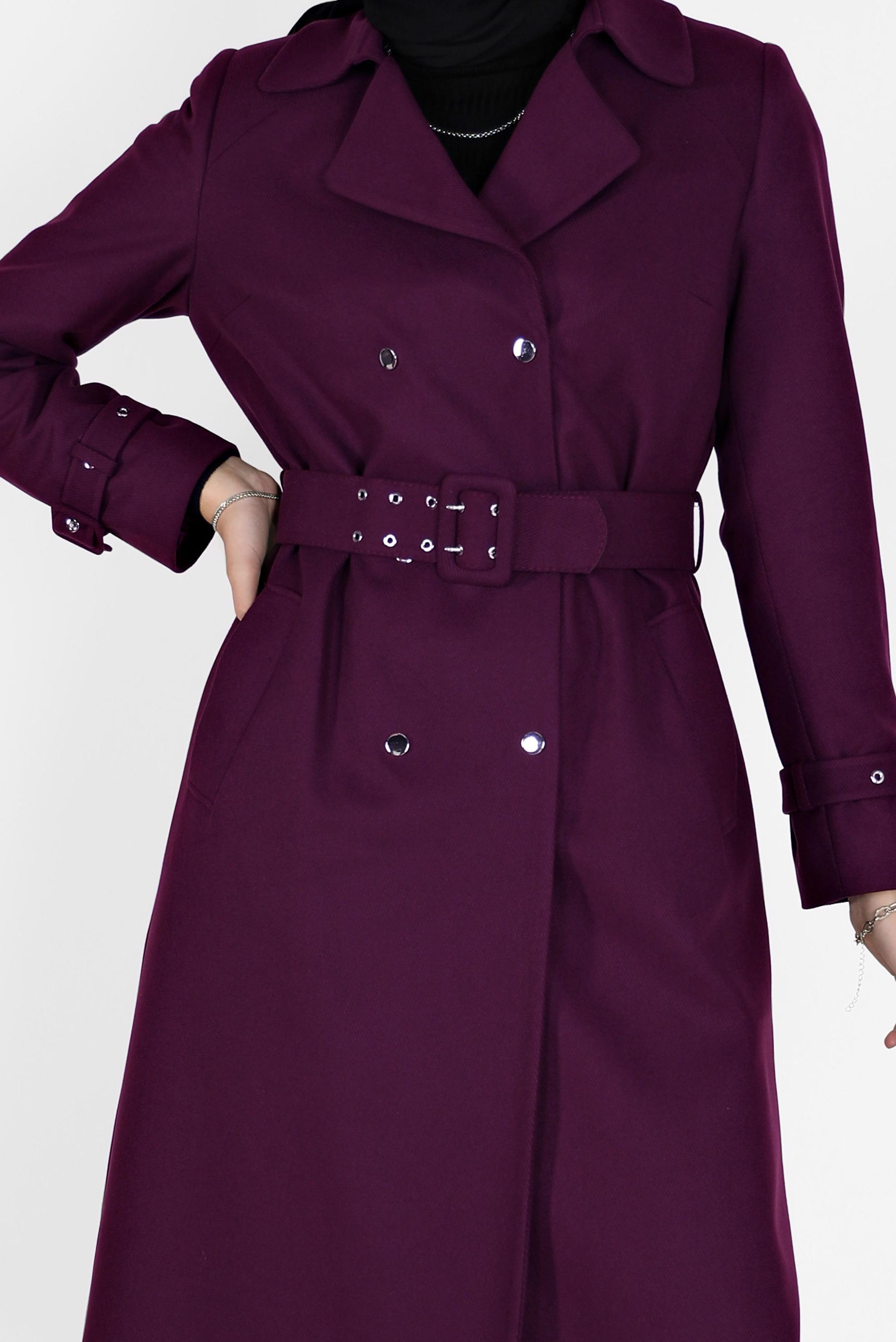Vêtements hijab PRUNE TRENCH-COAT DOUBLE COL DÉTAILLÉ AVEC CEINTURE 10452