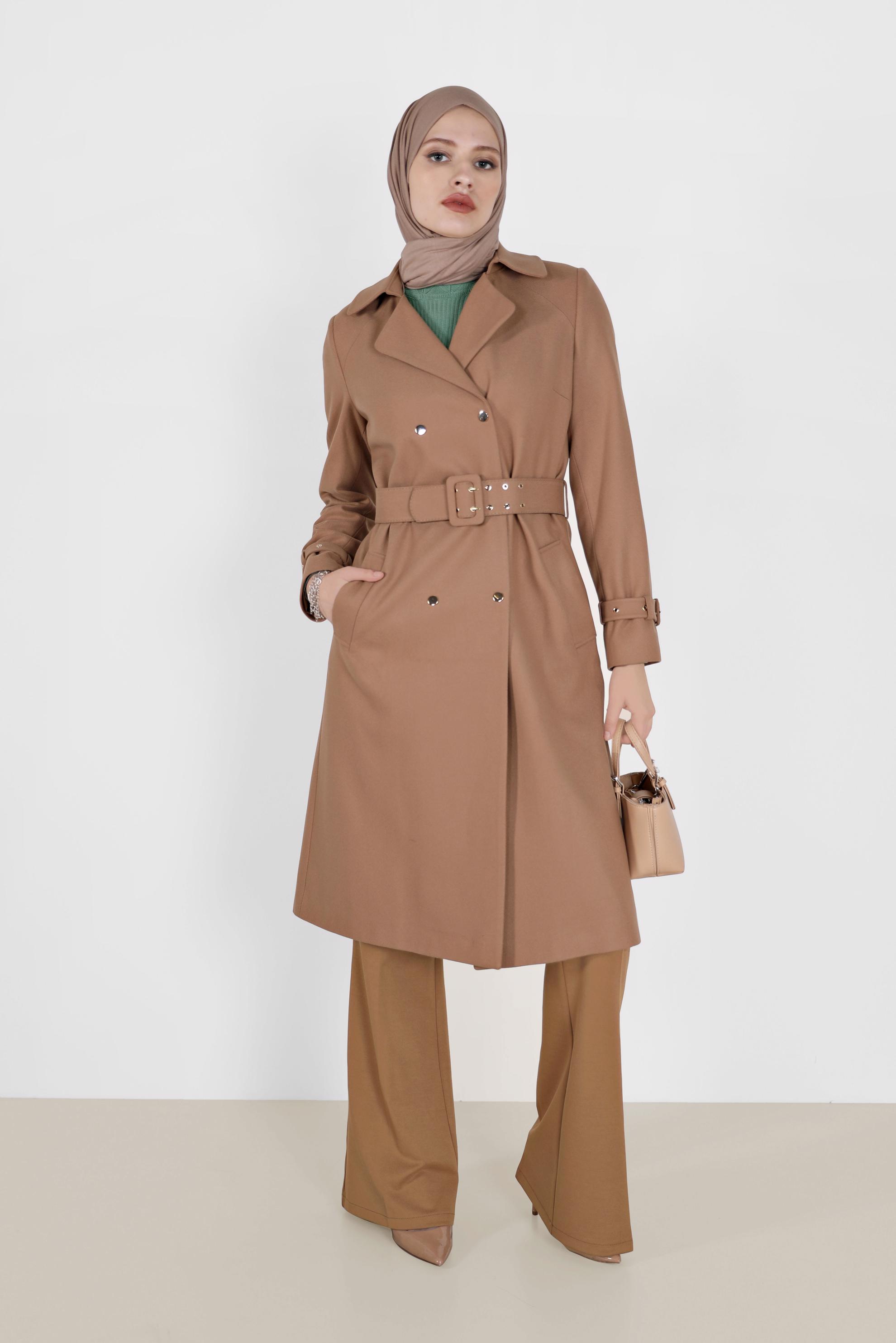 Vêtements hijab BRUN TRENCH-COAT DOUBLE COL DÉTAILLÉ AVEC CEINTURE 10452