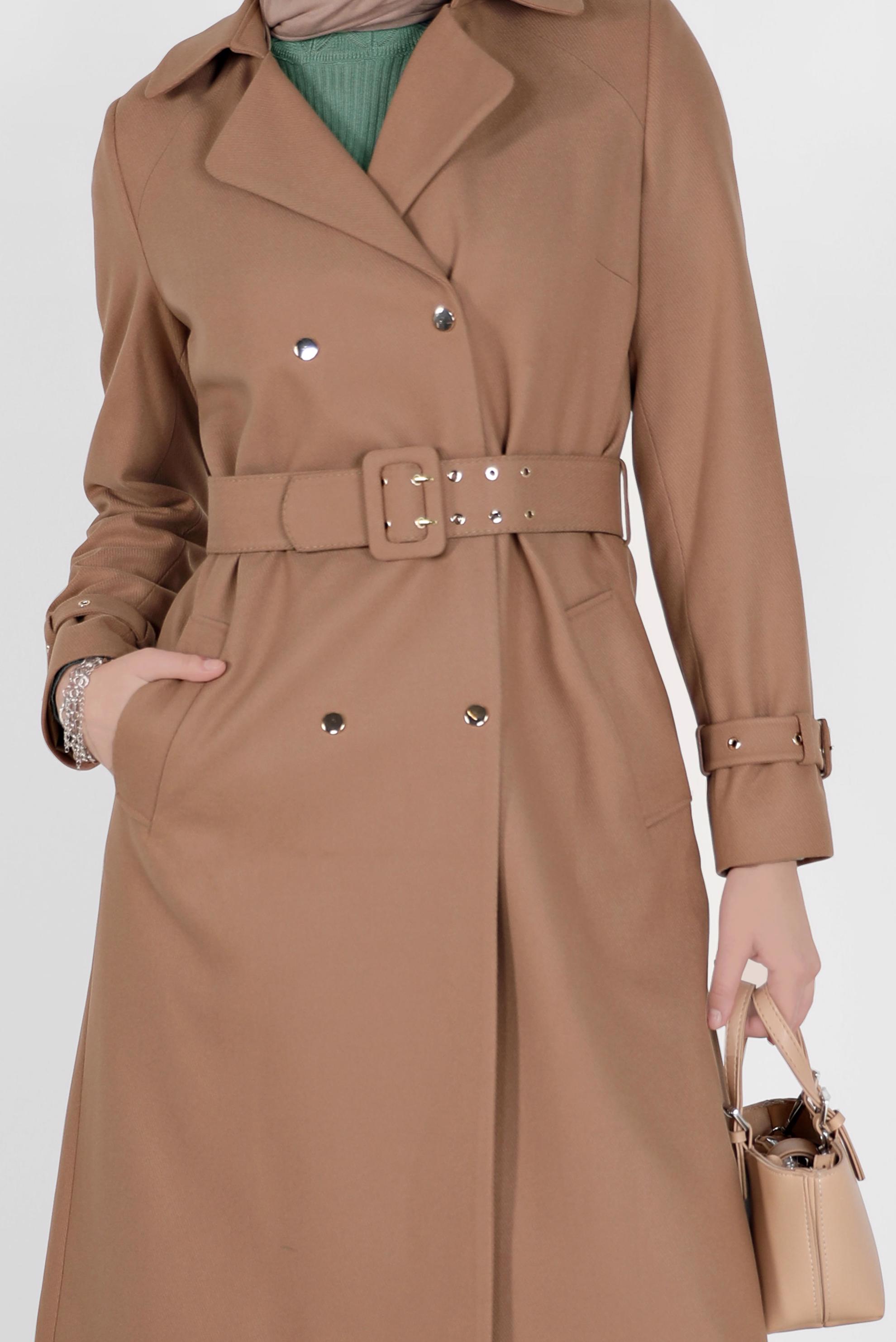 Vêtements hijab BRUN TRENCH-COAT DOUBLE COL DÉTAILLÉ AVEC CEINTURE 10452