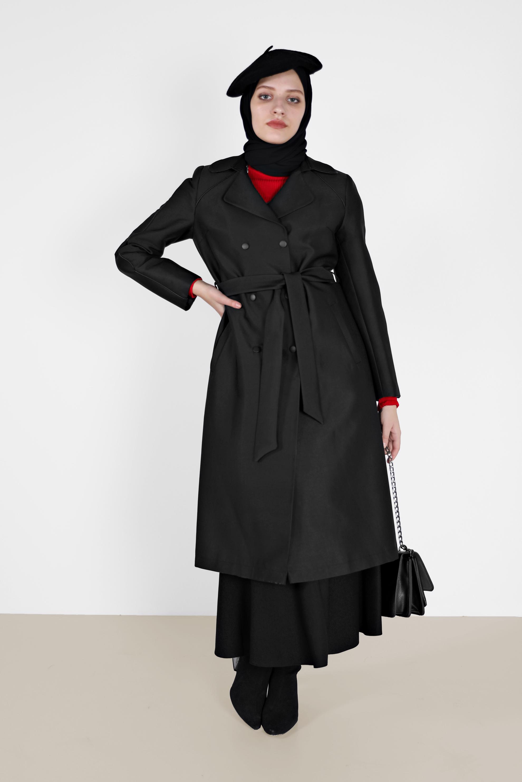 Hijab clothing BLACK DOUBLE-BREASTED BELTED TRENCH COAT 10454 