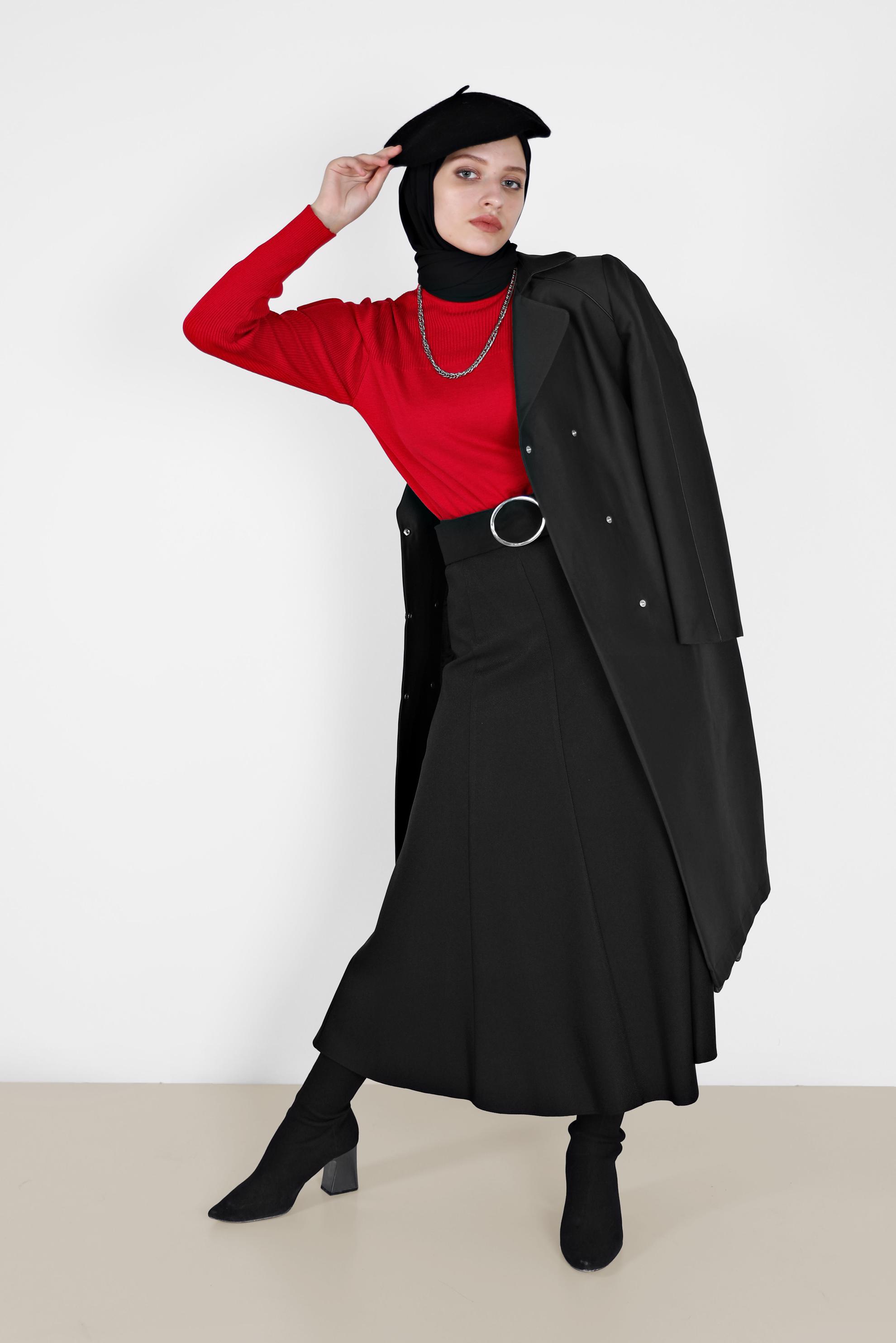 Hijab clothing BLACK DOUBLE-BREASTED BELTED TRENCH COAT 10454 