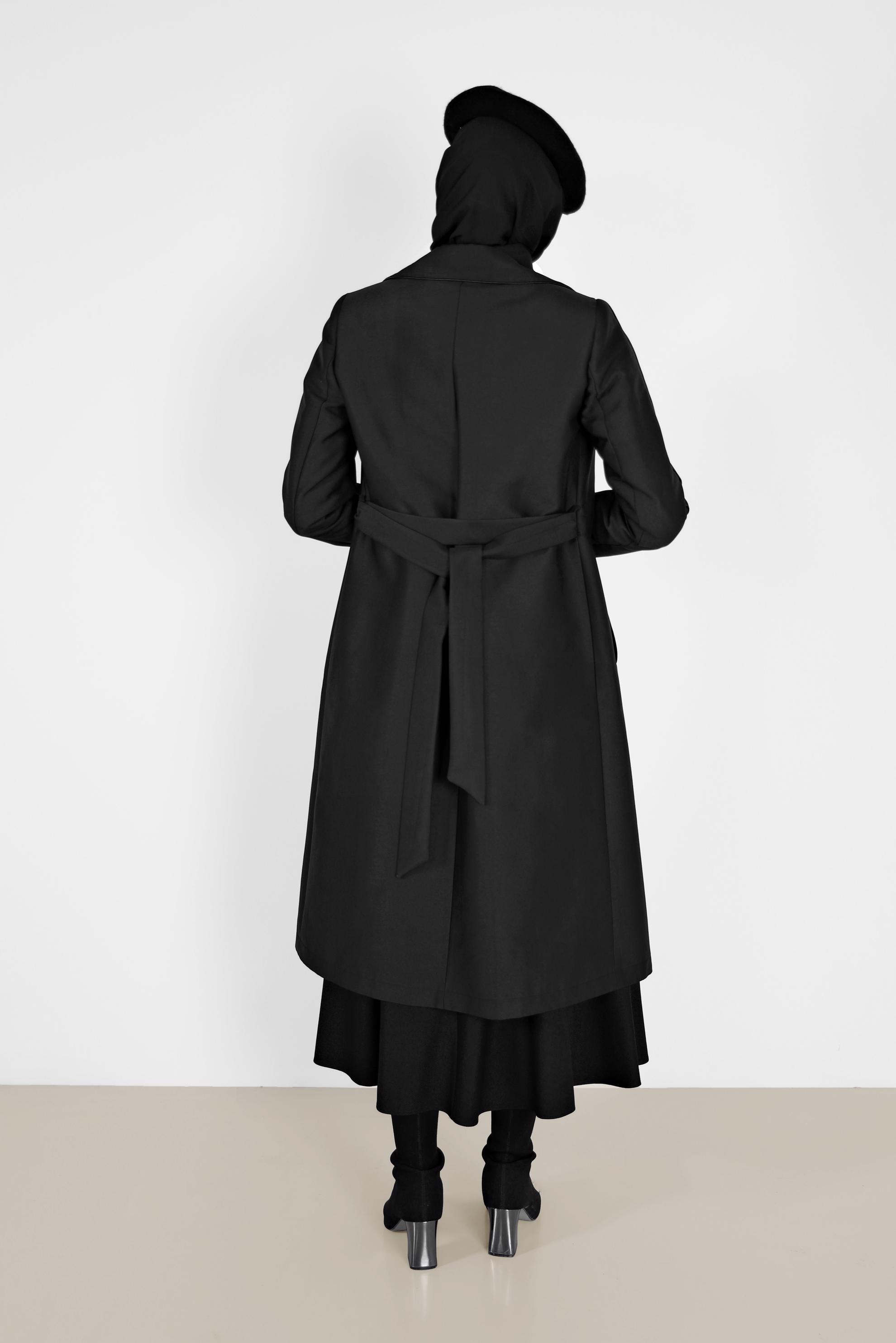 Hijab clothing BLACK DOUBLE-BREASTED BELTED TRENCH COAT 10454 