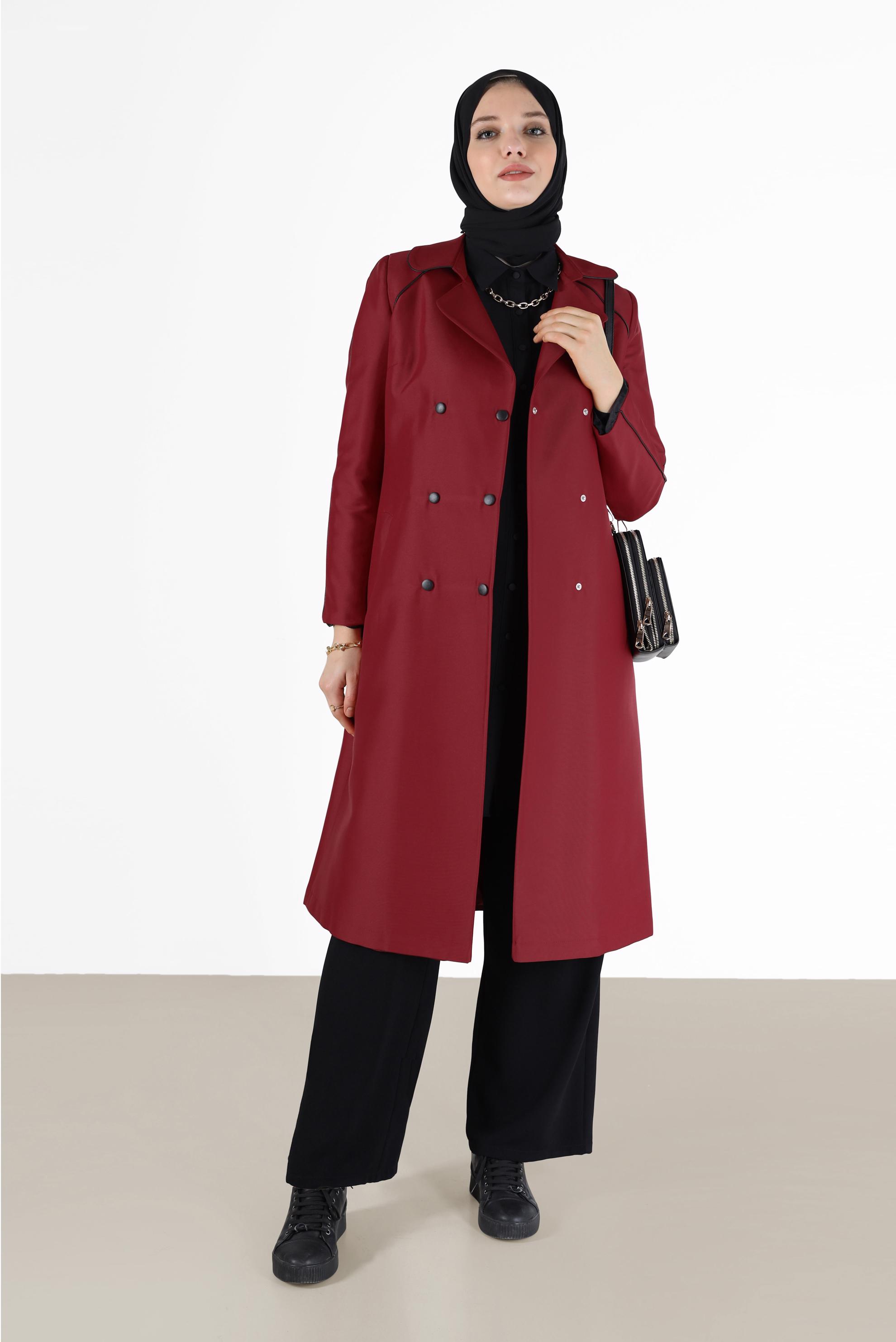 Tesettür giyim KIRMIZI KRUVAZE YAKA KUŞAKLI TRENÇKOT 10454 