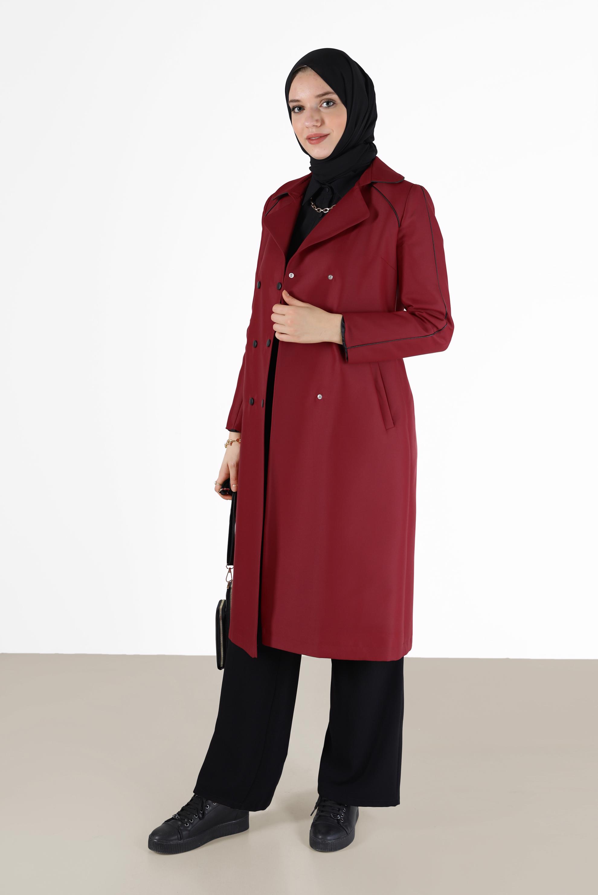 Tesettür giyim KIRMIZI KRUVAZE YAKA KUŞAKLI TRENÇKOT 10454 