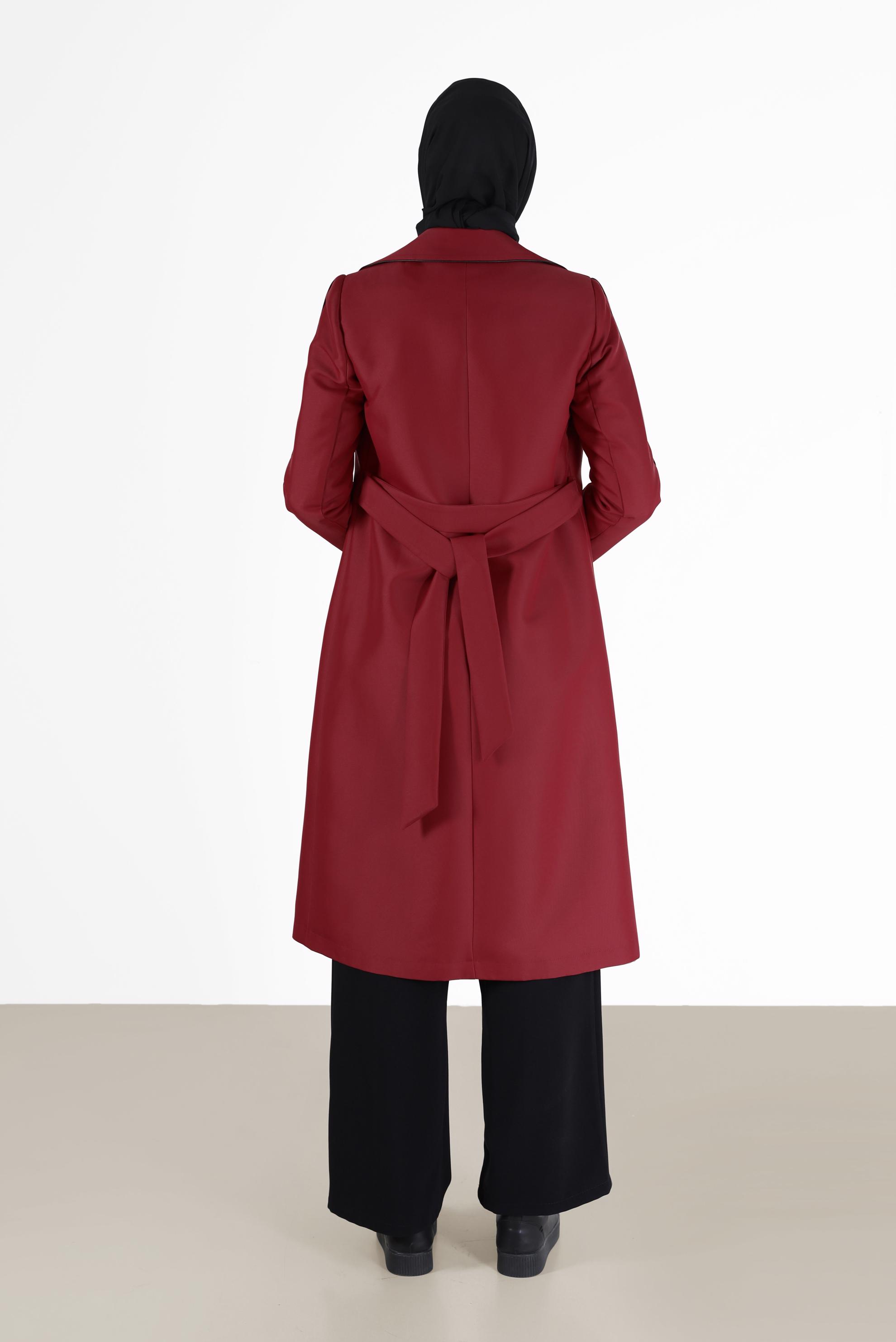 Tesettür giyim KIRMIZI KRUVAZE YAKA KUŞAKLI TRENÇKOT 10454 