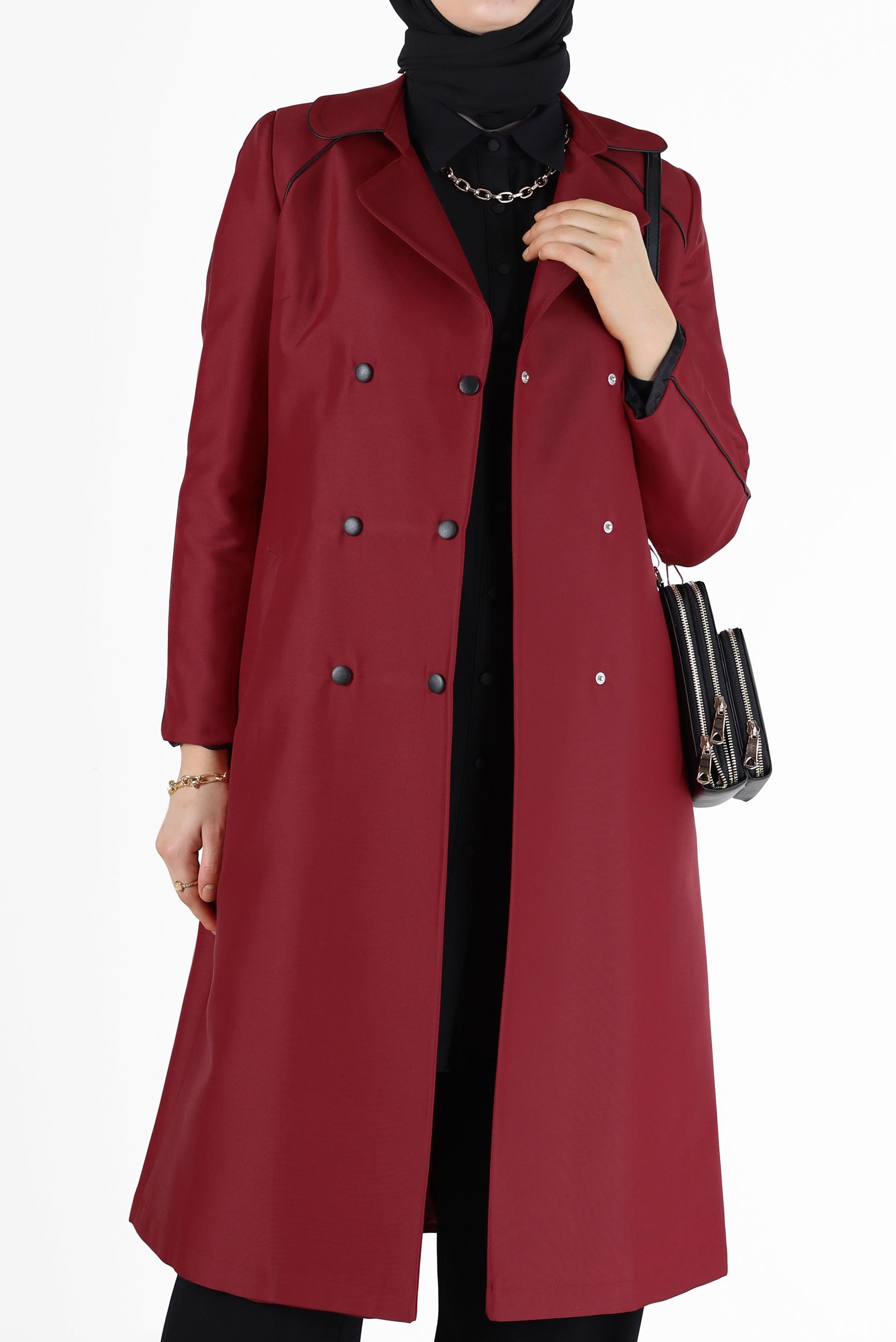 Tesettür giyim KIRMIZI KRUVAZE YAKA KUŞAKLI TRENÇKOT 10454 