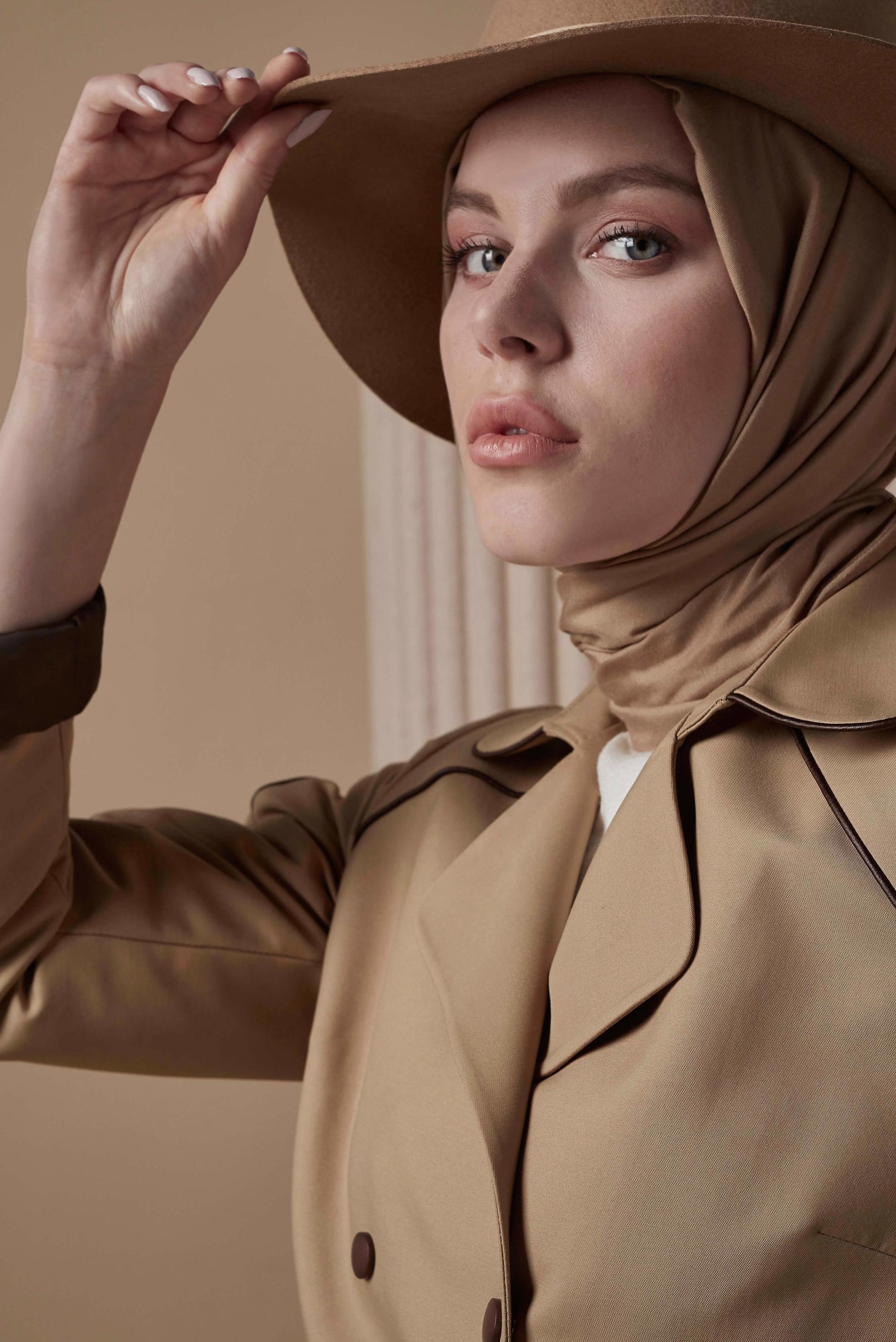 Tesettür giyim KAHVE KRUVAZE YAKA KUŞAKLI TRENÇKOT 10454 