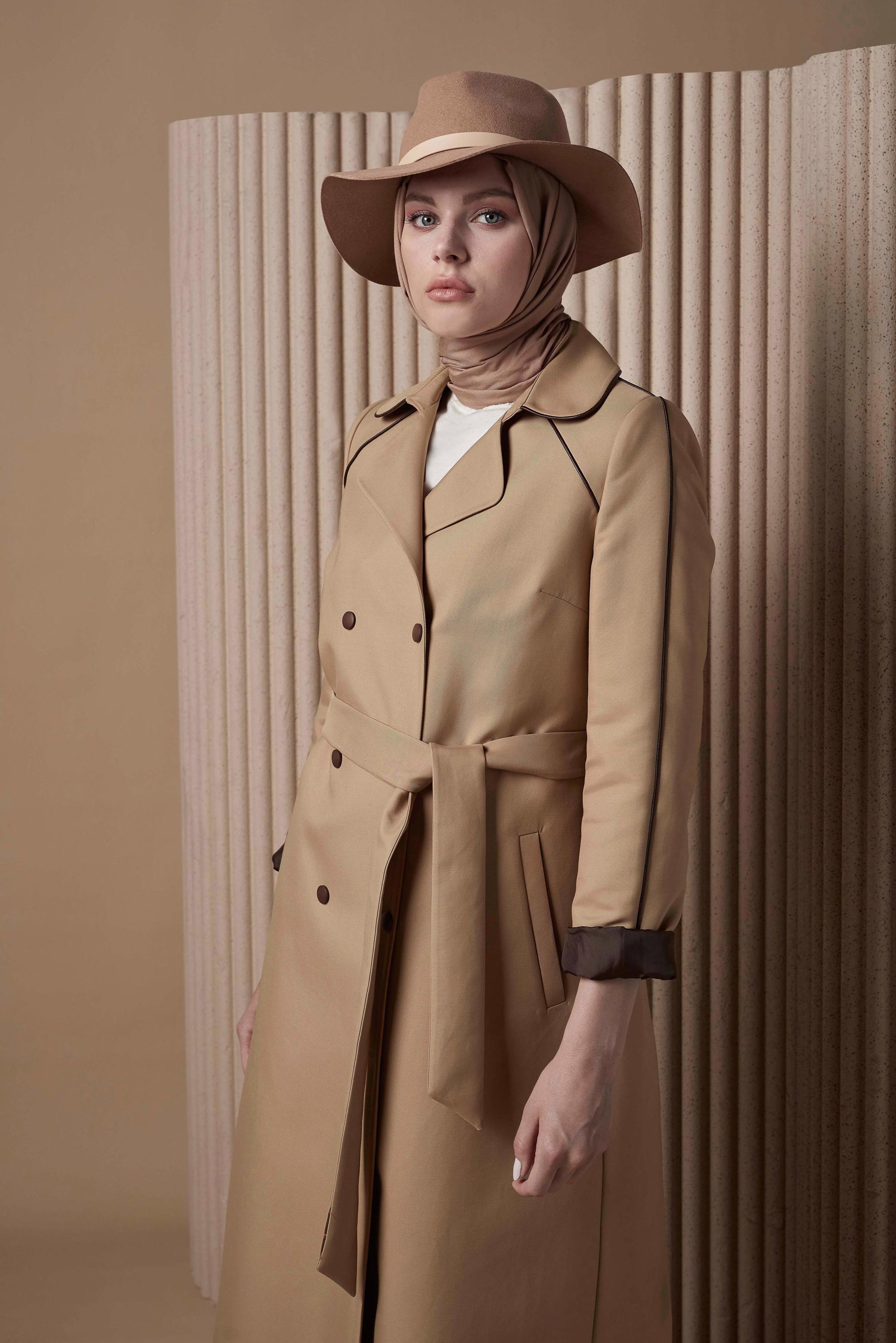 Tesettür giyim KAHVE KRUVAZE YAKA KUŞAKLI TRENÇKOT 10454 