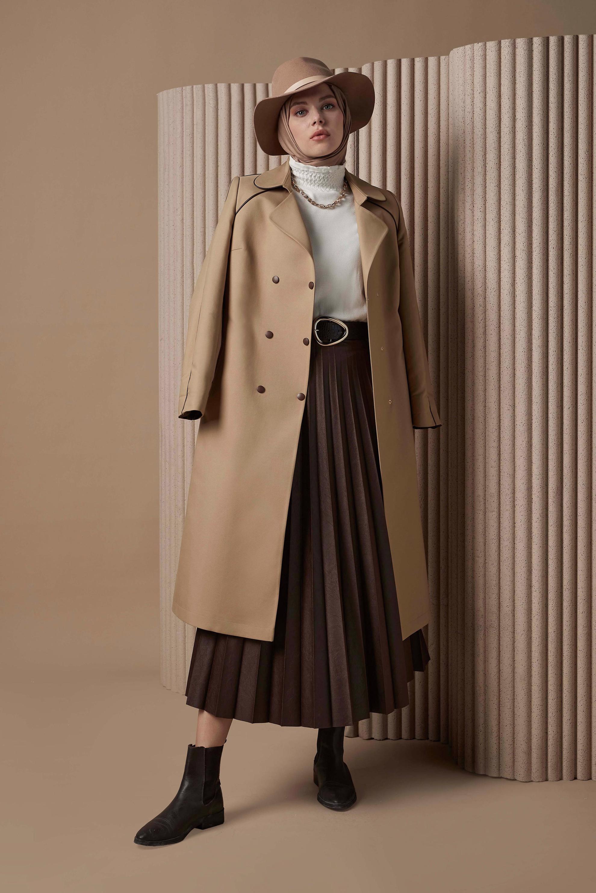 Tesettür giyim KAHVE KRUVAZE YAKA KUŞAKLI TRENÇKOT 10454 