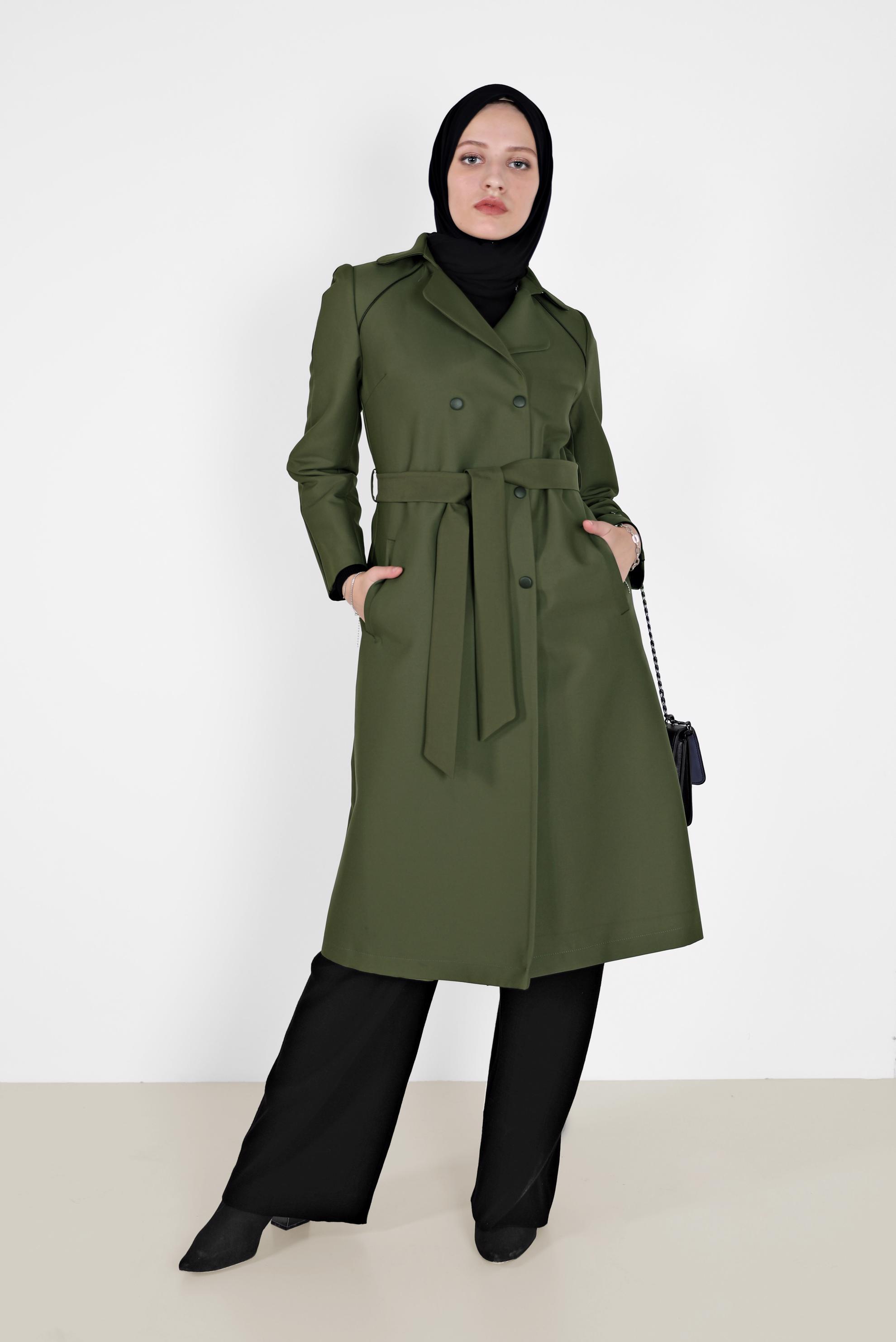 Vêtements hijab KAKI TRENCH-COAT DOUBLE BOUTONNAGE À CEINTURE 10454