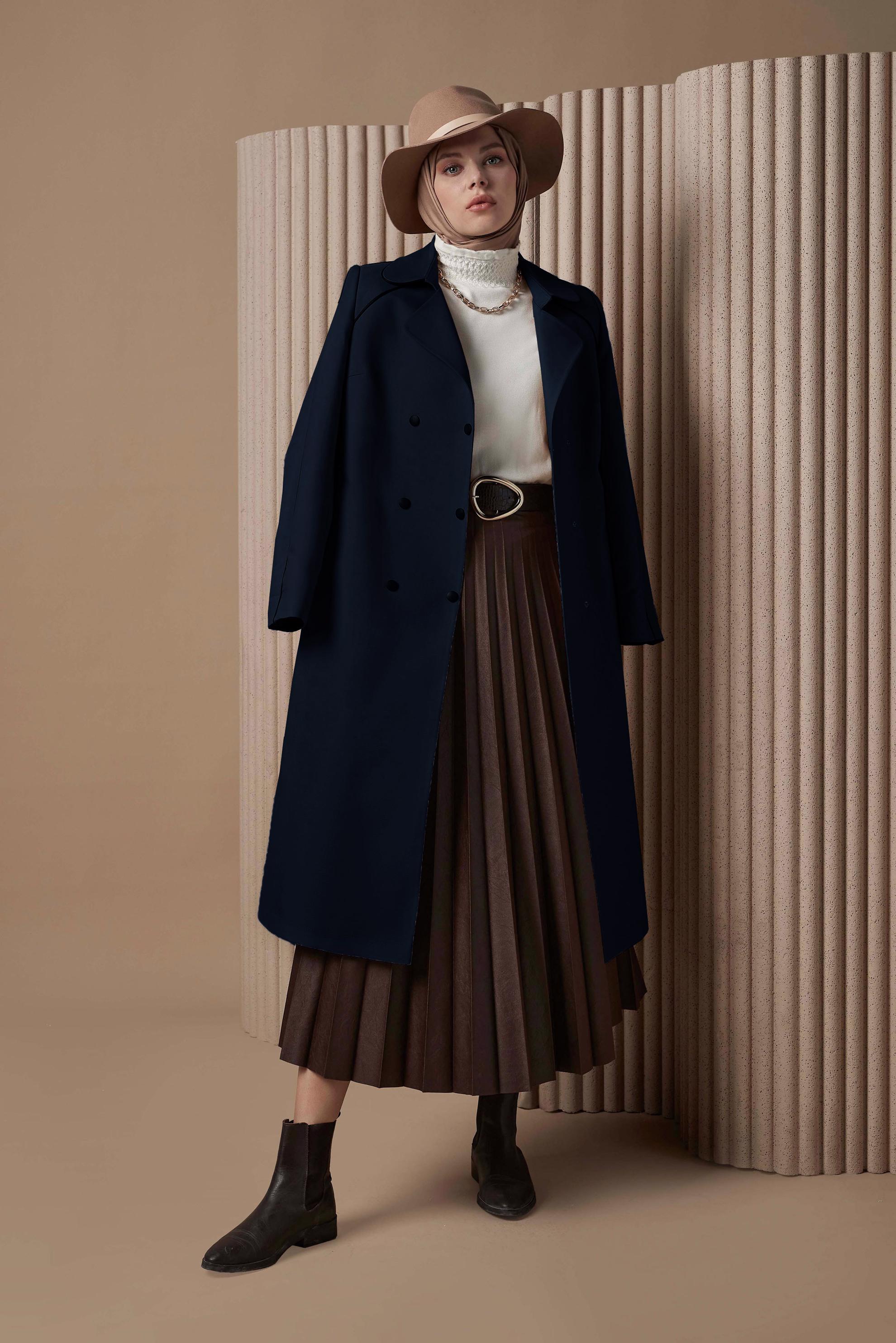 Tesettür giyim LACİVERT KRUVAZE YAKA KUŞAKLI TRENÇKOT 10454 