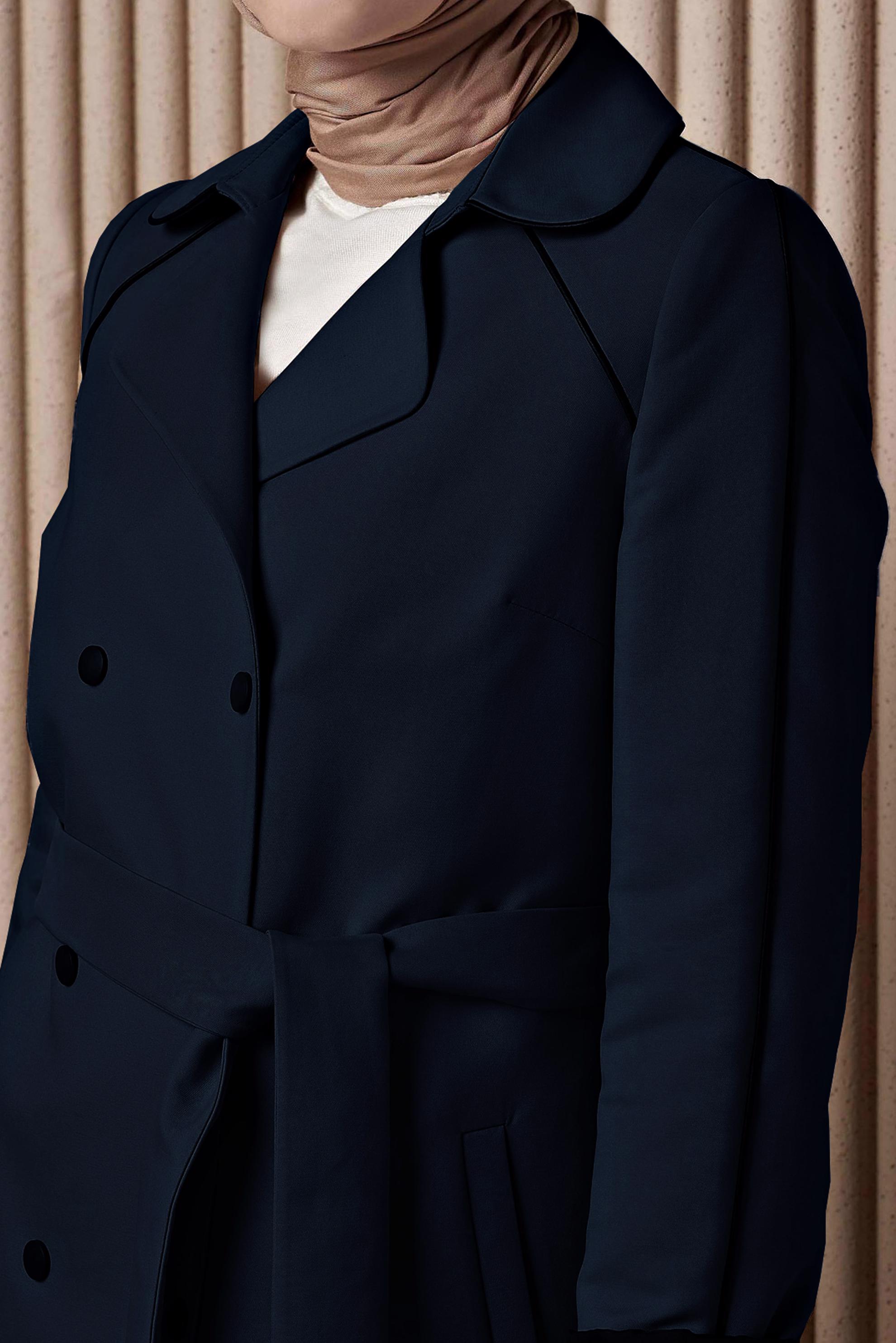 Tesettür giyim LACİVERT KRUVAZE YAKA KUŞAKLI TRENÇKOT 10454 