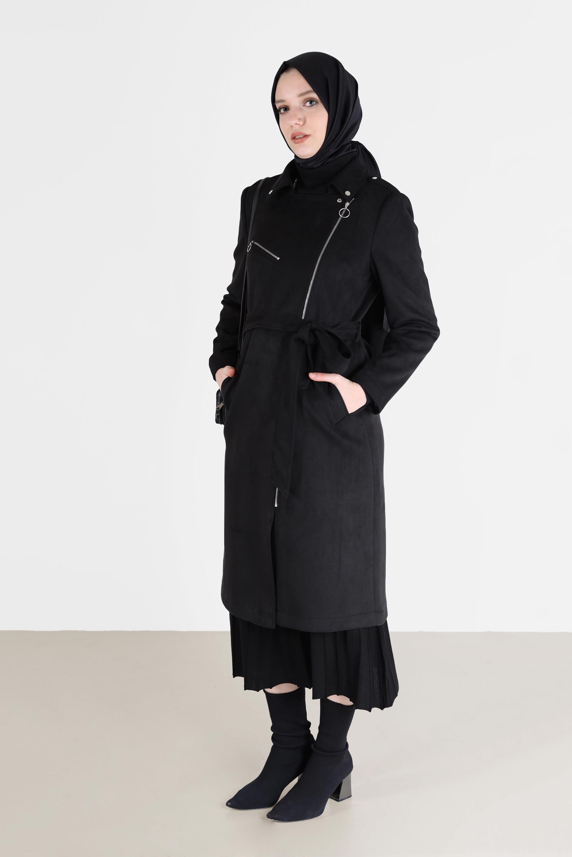 Vêtements hijab NOIR TRENCH-COAT EN DAIM À DOUBLE BOUTONNAGE ZIPPÉ 10455