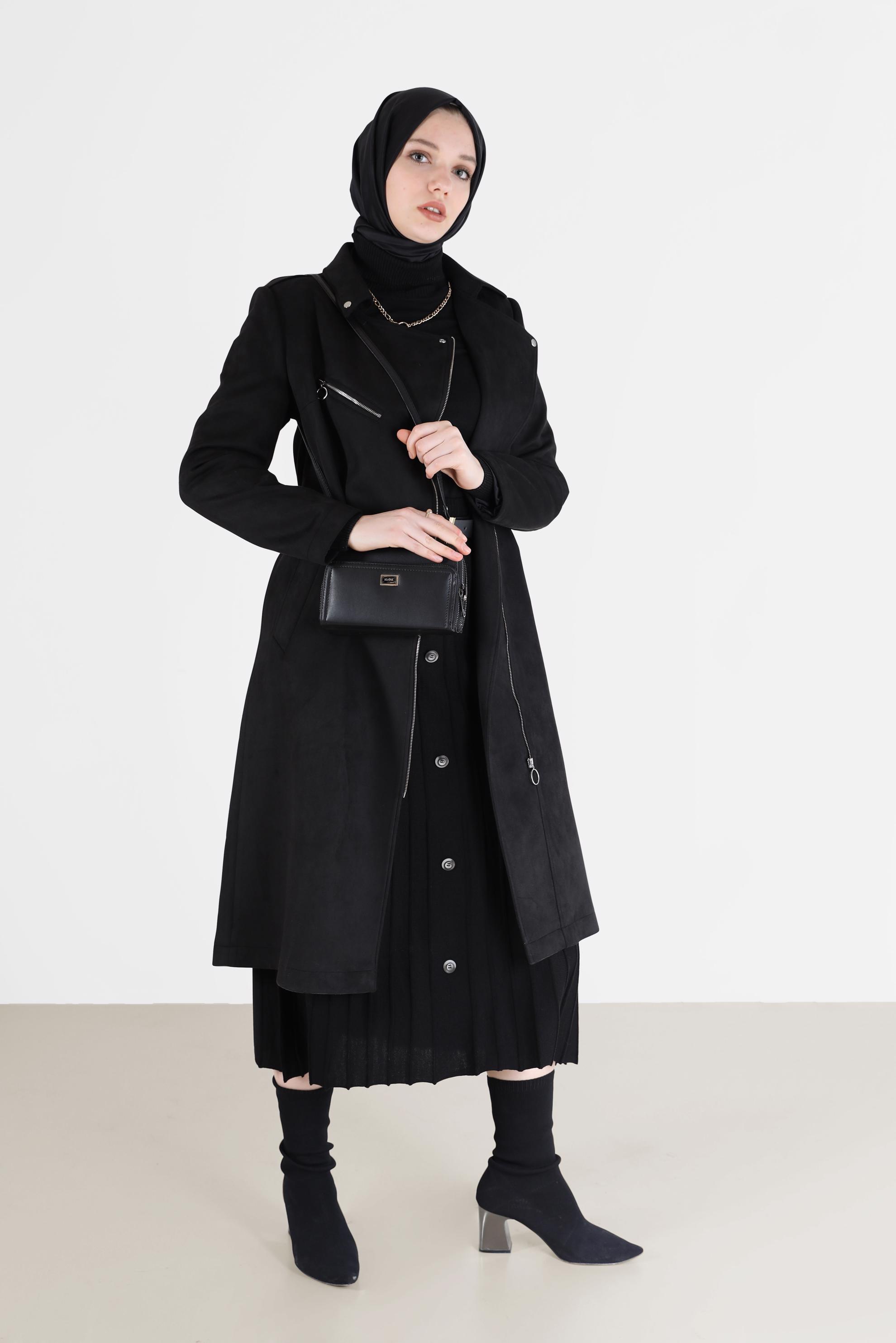 Vêtements hijab NOIR TRENCH-COAT EN DAIM À DOUBLE BOUTONNAGE ZIPPÉ 10455