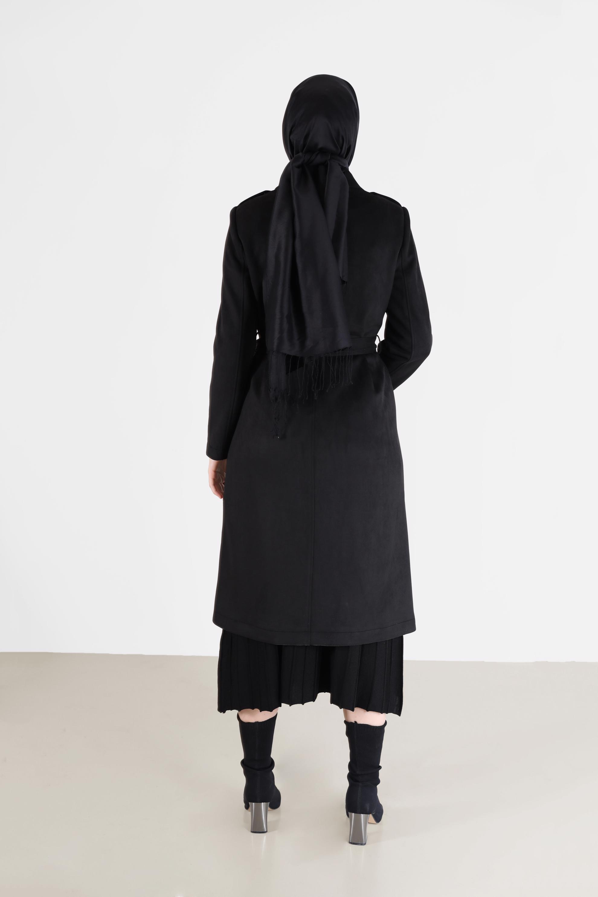 Vêtements hijab NOIR TRENCH-COAT EN DAIM À DOUBLE BOUTONNAGE ZIPPÉ 10455