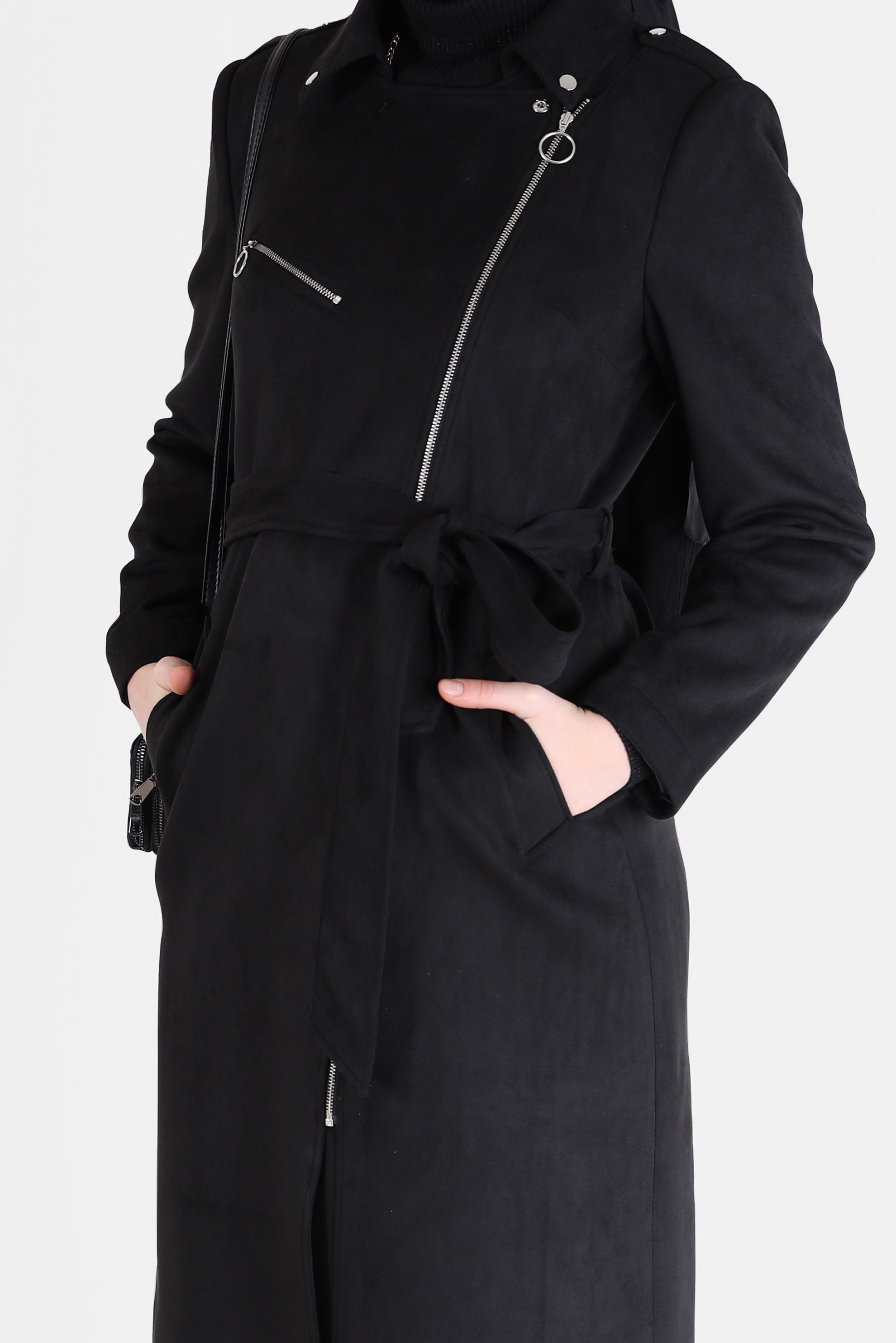 Vêtements hijab NOIR TRENCH-COAT EN DAIM À DOUBLE BOUTONNAGE ZIPPÉ 10455