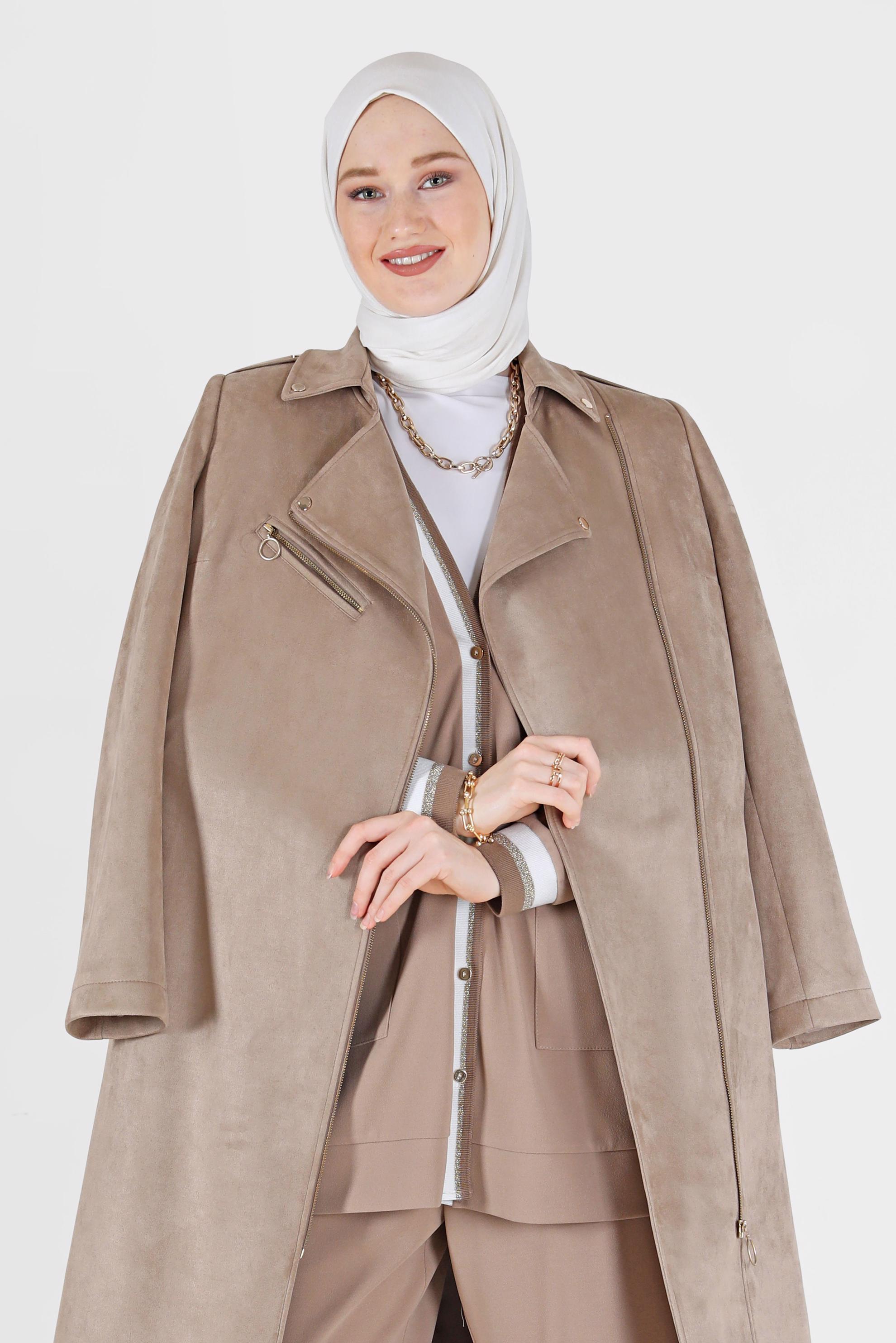 Vêtements hijab BEIGE TRENCH-COAT EN DAIM À DOUBLE BOUTONNAGE ZIPPÉ 10455
