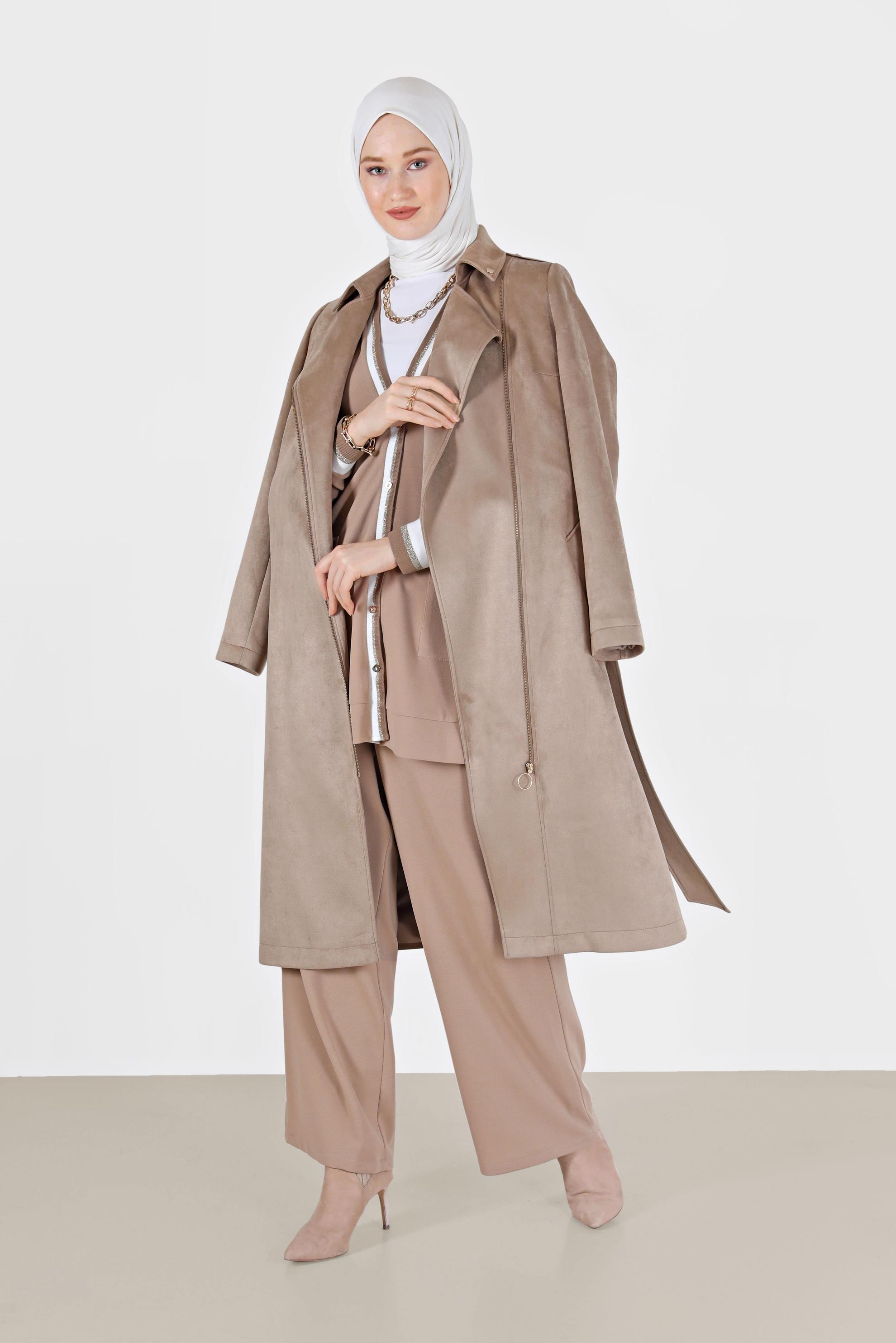 Vêtements hijab BEIGE TRENCH-COAT EN DAIM À DOUBLE BOUTONNAGE ZIPPÉ 10455