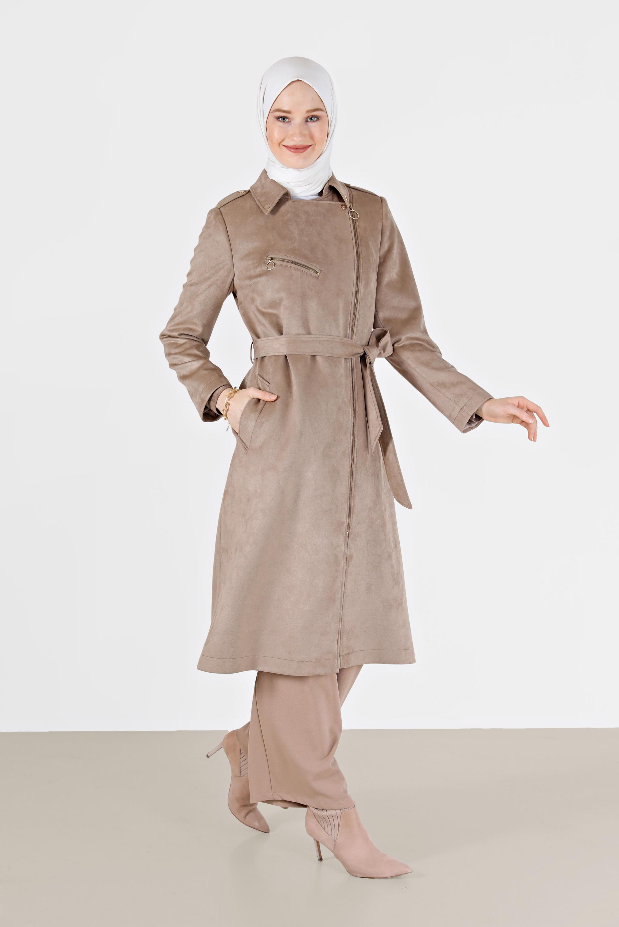 Vêtements hijab BEIGE TRENCH-COAT EN DAIM À DOUBLE BOUTONNAGE ZIPPÉ 10455