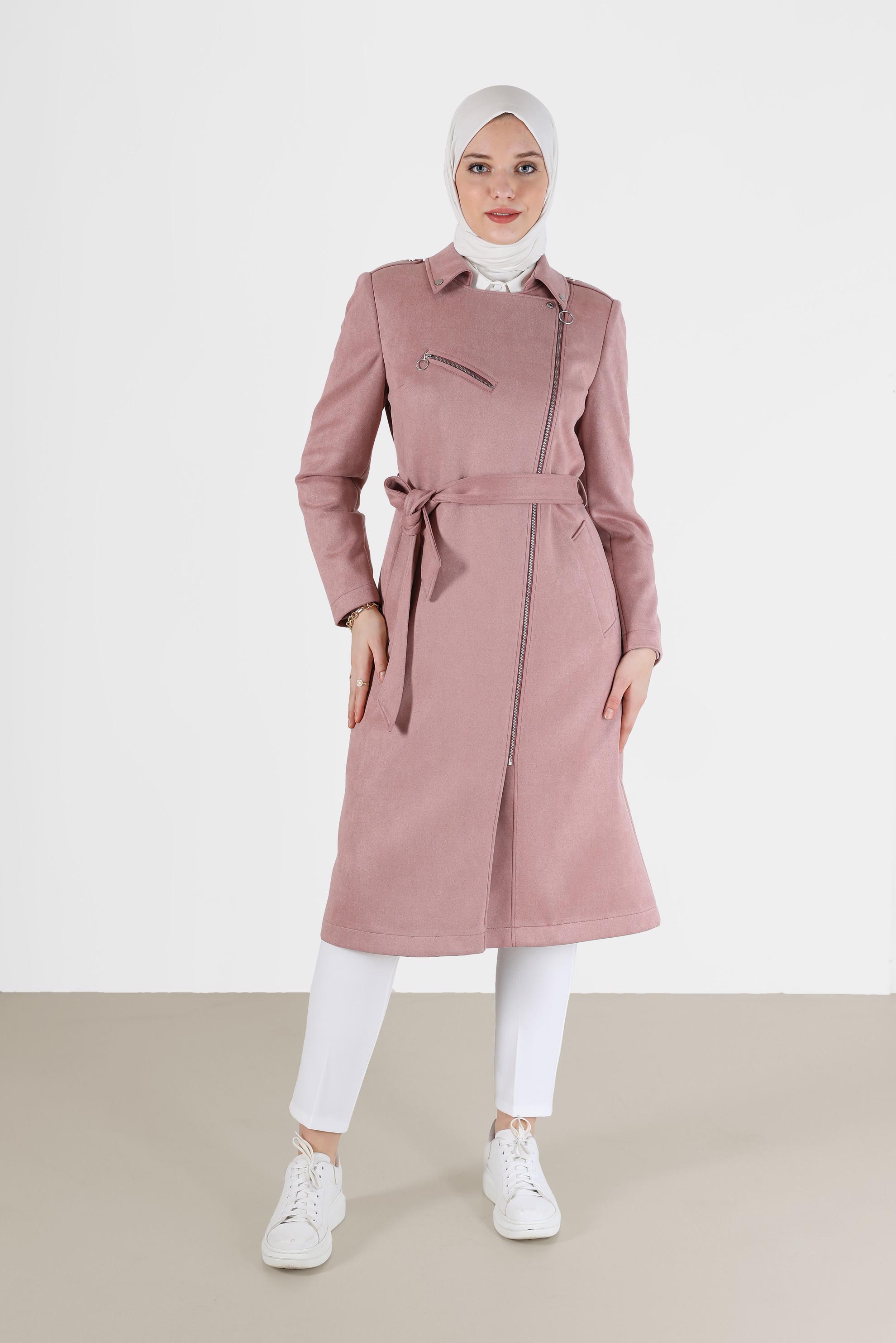 Vêtements hijab POUDRE TRENCH-COAT EN DAIM À DOUBLE BOUTONNAGE ZIPPÉ 10455