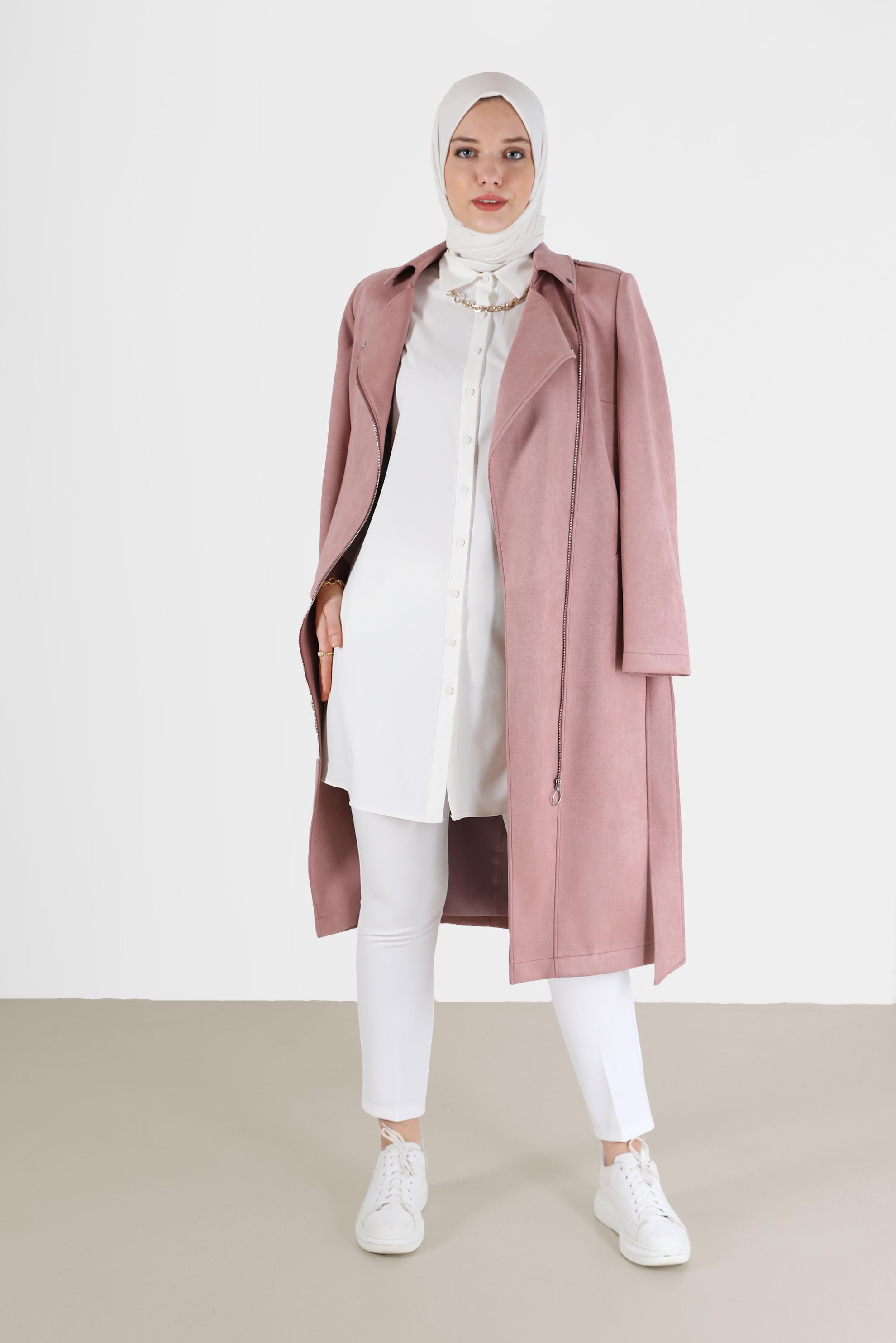 Vêtements hijab POUDRE TRENCH-COAT EN DAIM À DOUBLE BOUTONNAGE ZIPPÉ 10455