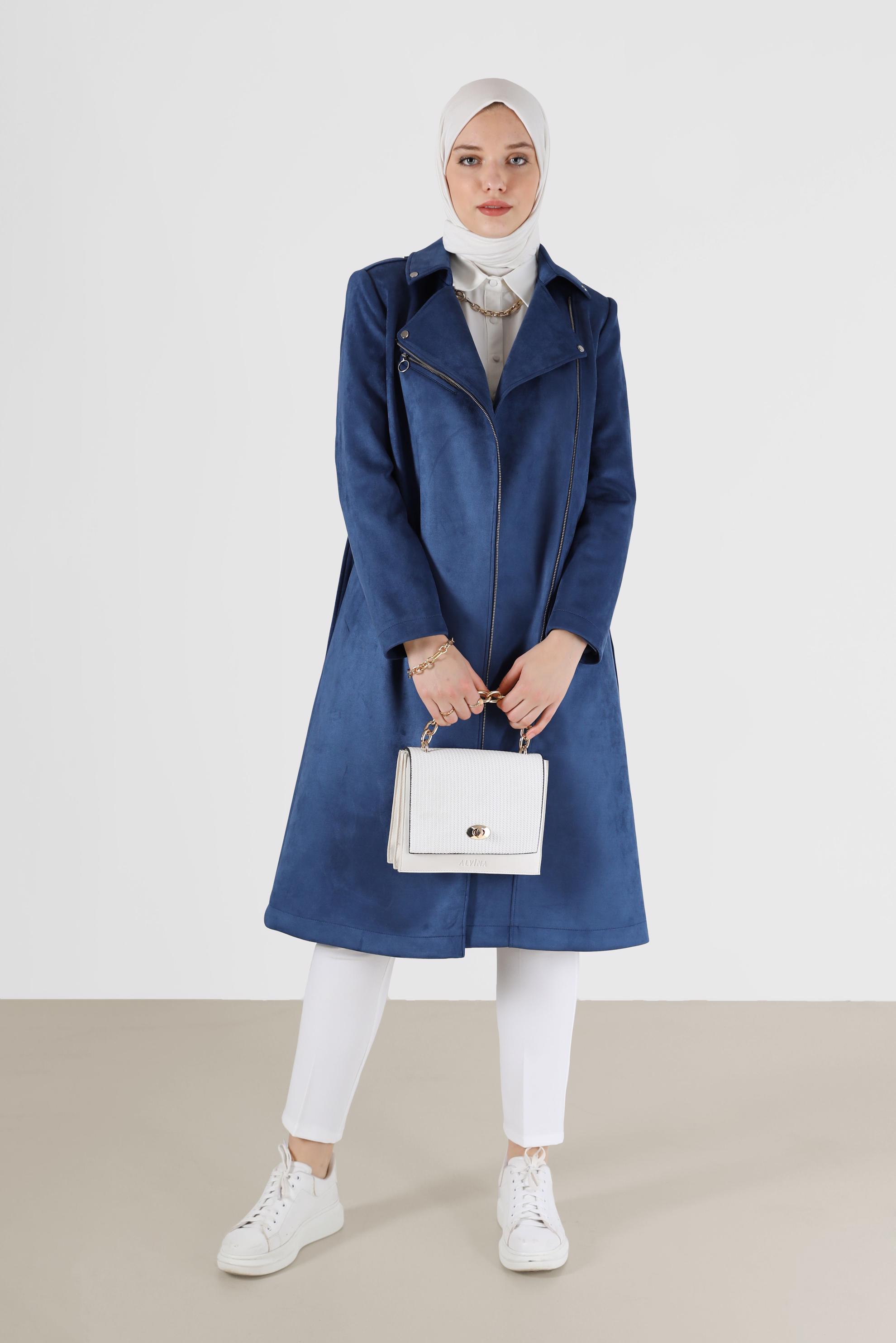 Tesettür giyim LACİVERT KRUVAZE YAKA FERMUARLI SÜET TRENÇKOT 10455