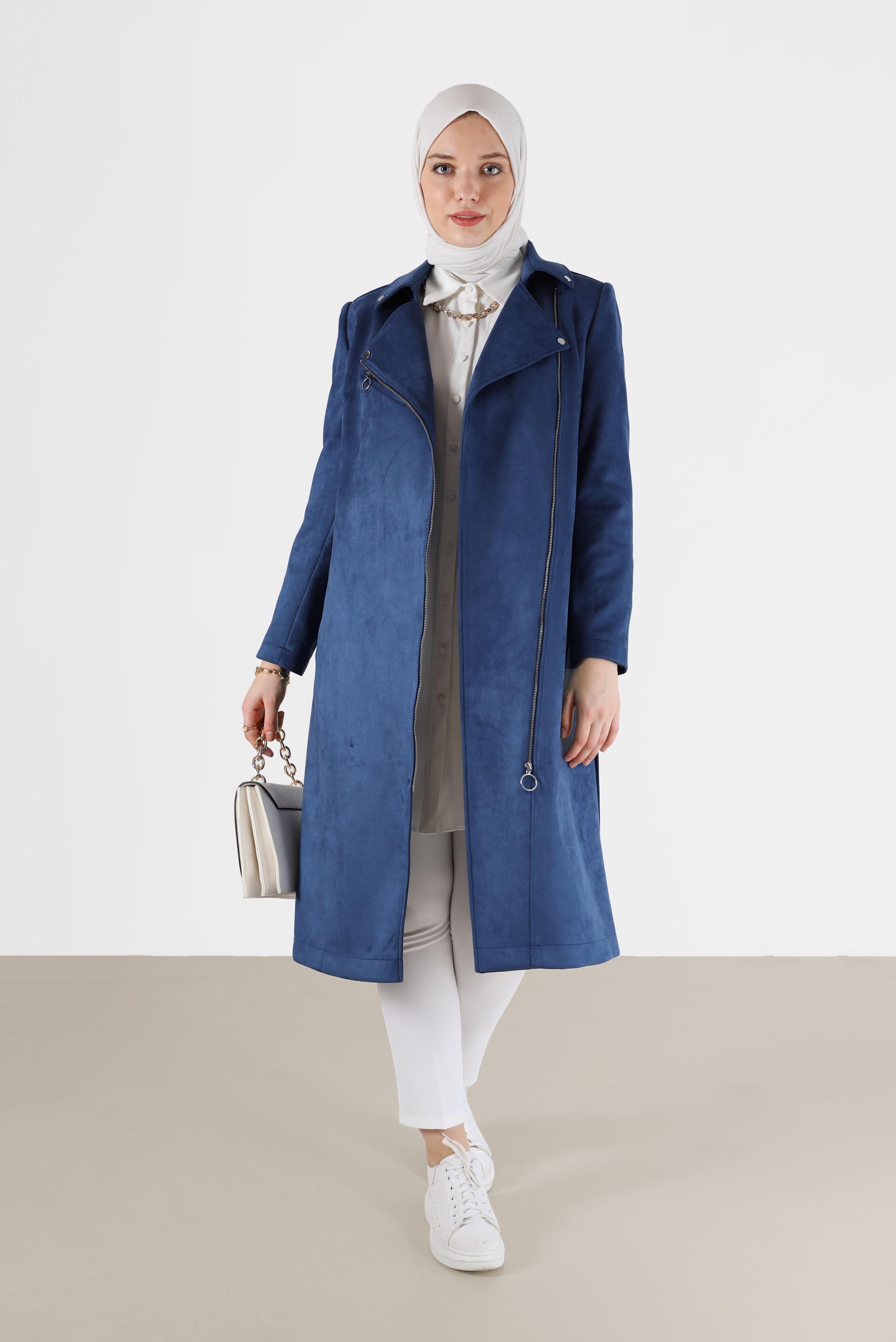 Tesettür giyim LACİVERT KRUVAZE YAKA FERMUARLI SÜET TRENÇKOT 10455