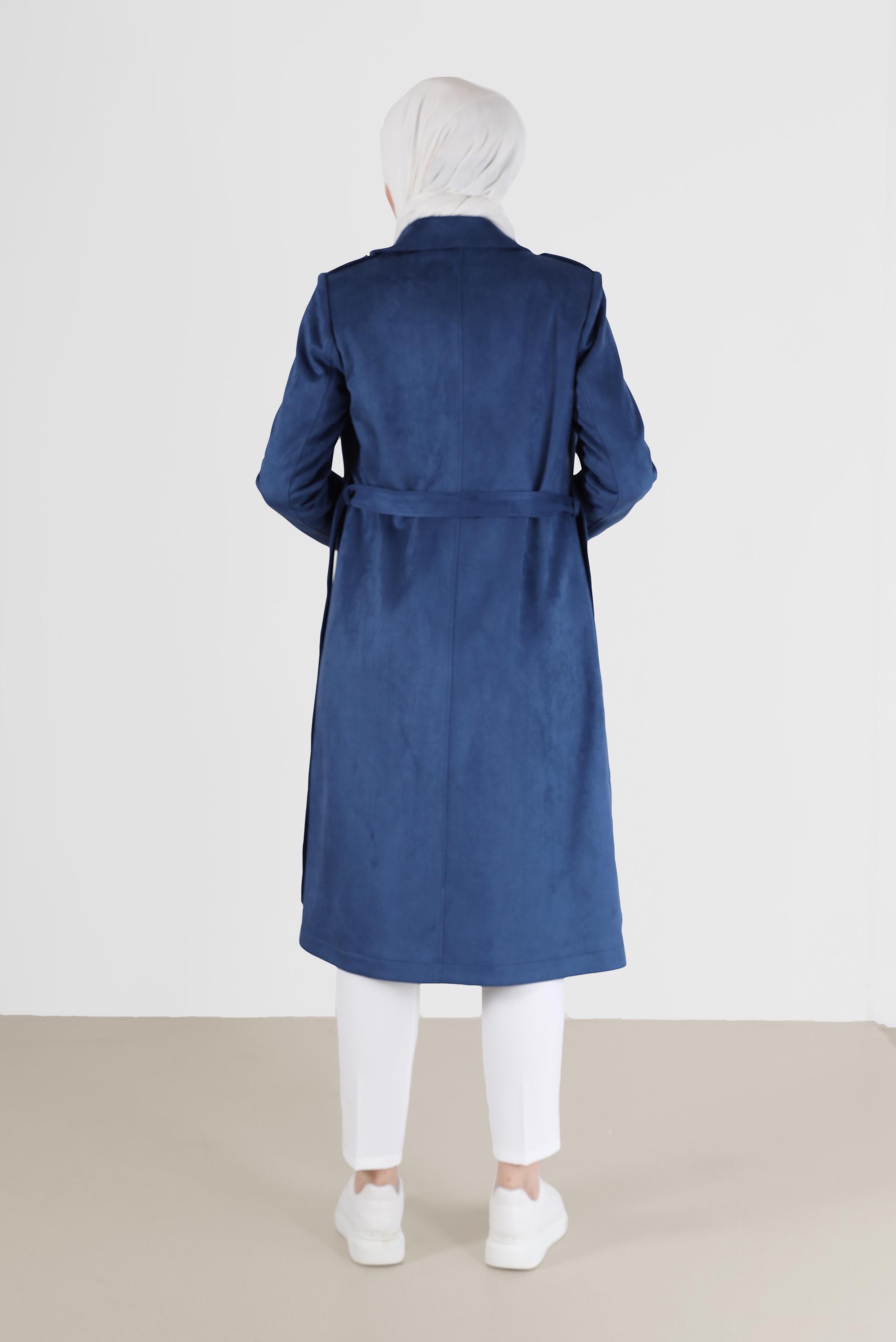 Tesettür giyim LACİVERT KRUVAZE YAKA FERMUARLI SÜET TRENÇKOT 10455