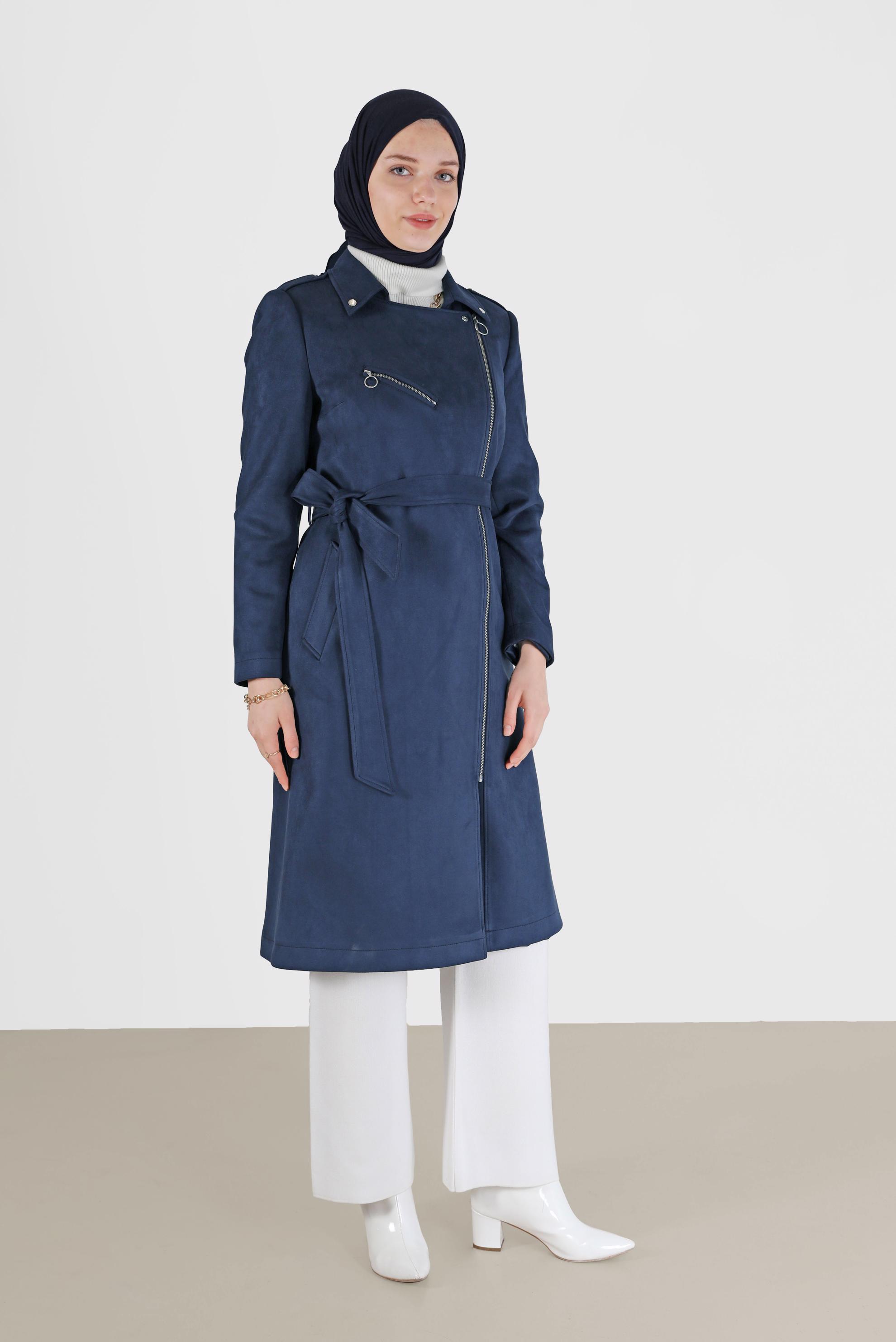 Hijab clothing NAVY BLUE DOUBLE BREASTED ZIPPERED SUEDE TRENCH COAT 10455 
