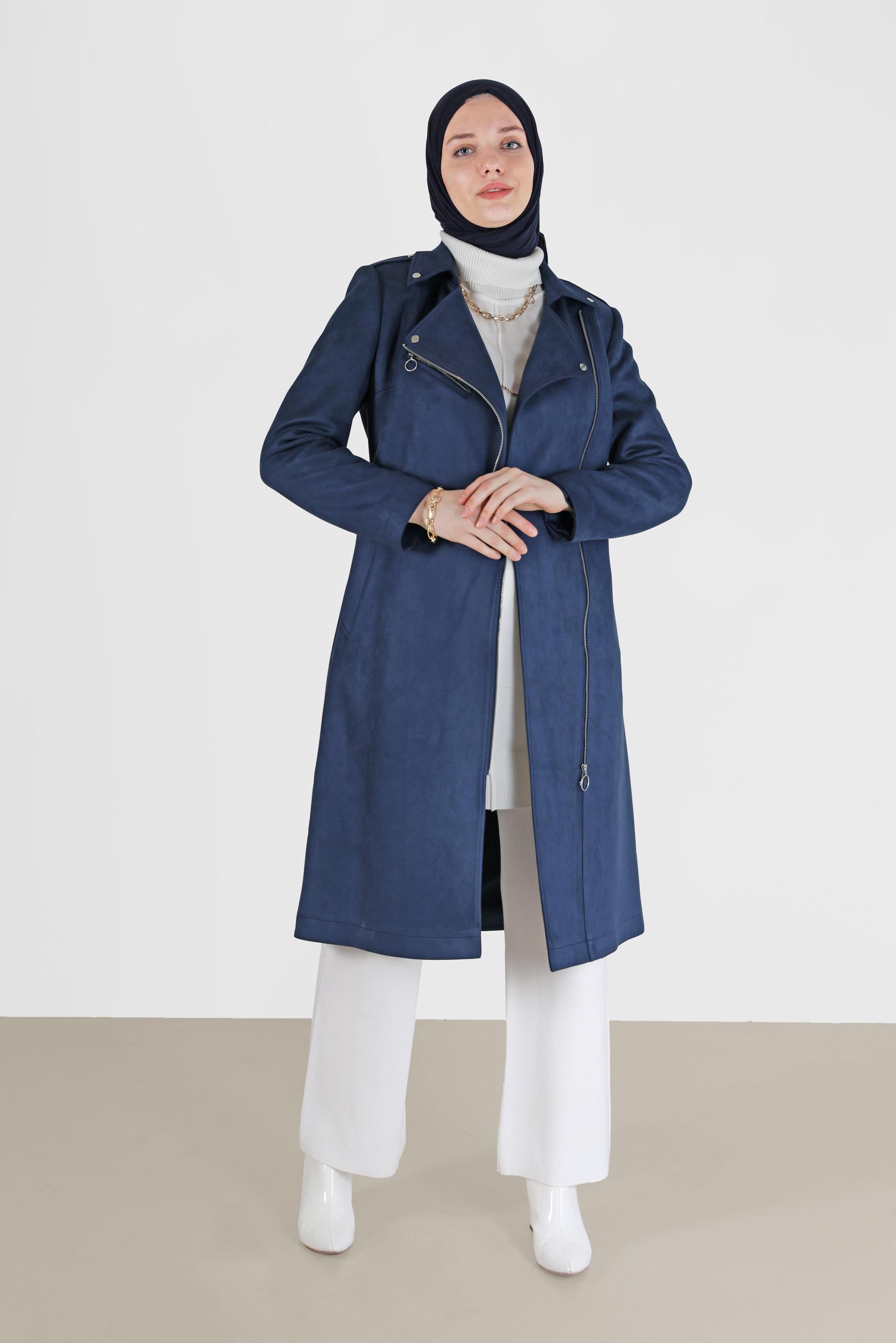 Hijab clothing NAVY BLUE DOUBLE BREASTED ZIPPERED SUEDE TRENCH COAT 10455 