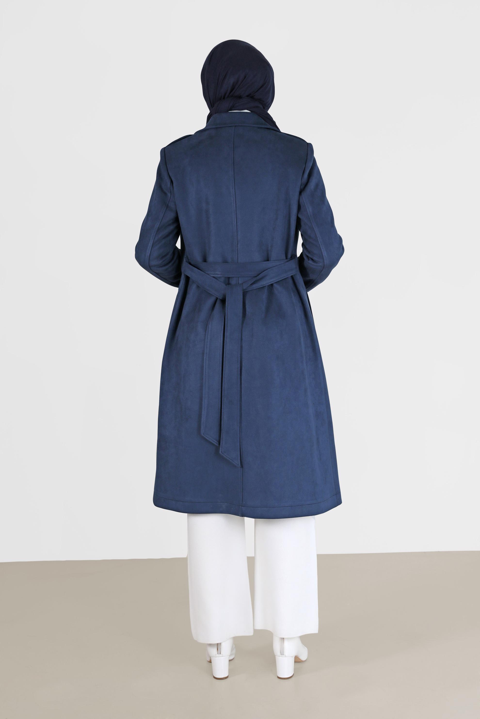 Hijab clothing NAVY BLUE DOUBLE BREASTED ZIPPERED SUEDE TRENCH COAT 10455 