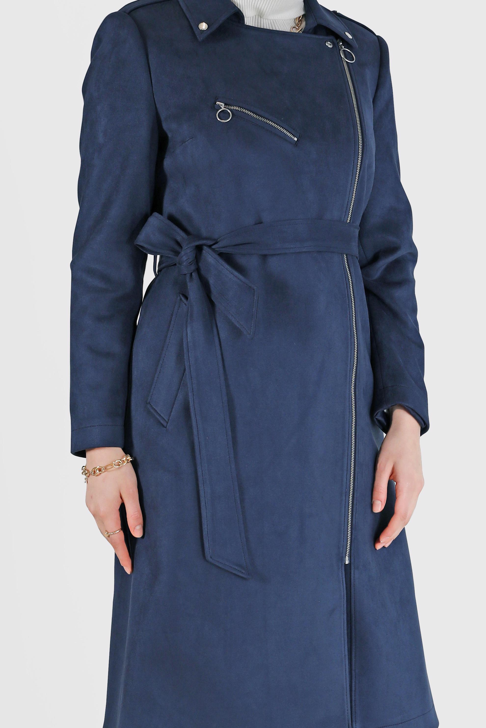 Hijab clothing NAVY BLUE DOUBLE BREASTED ZIPPERED SUEDE TRENCH COAT 10455 