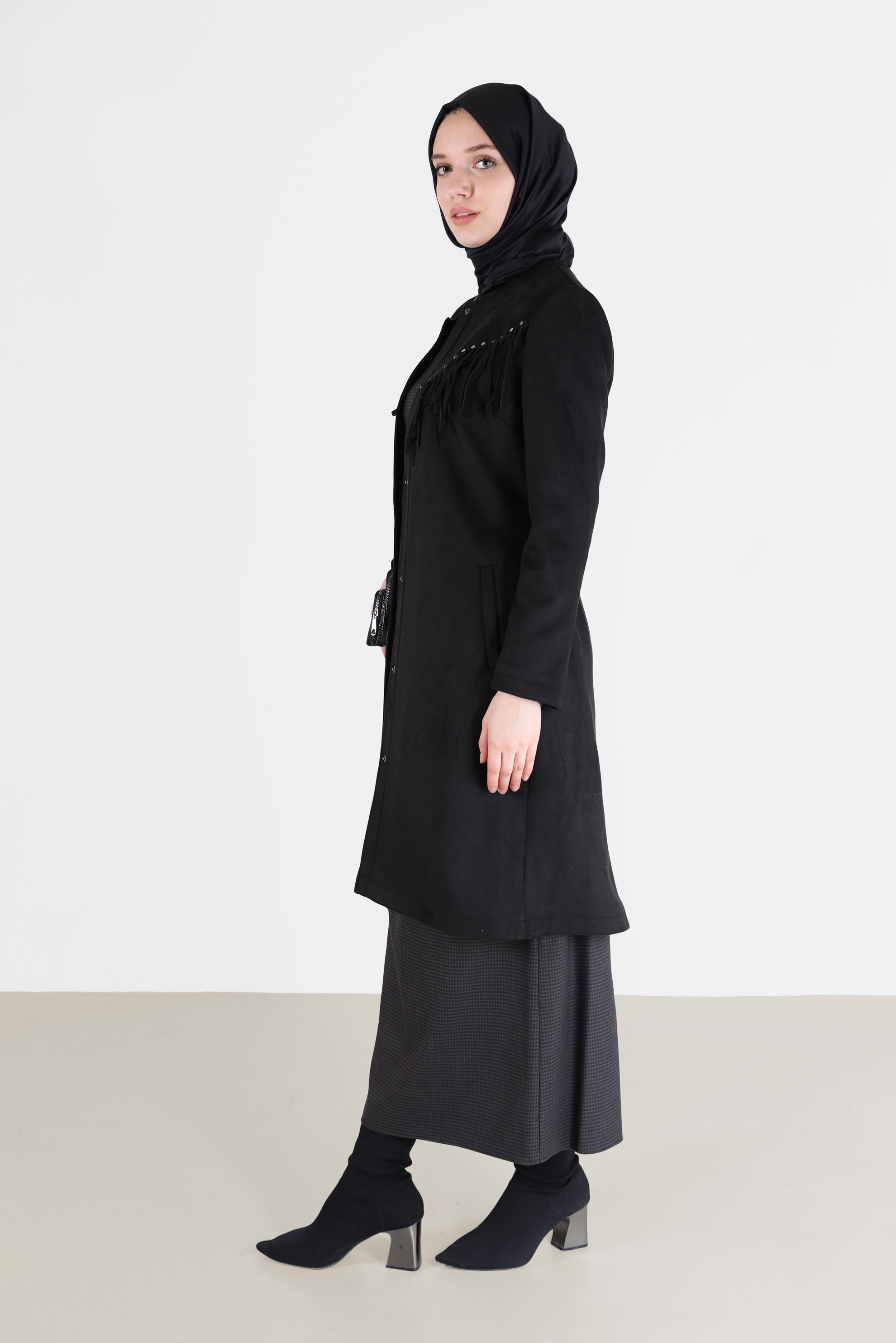 Tesettür giyim SİYAH  PÜSKÜLLÜ ZIMBA DETAYLI SÜET TRENÇKOT 10456