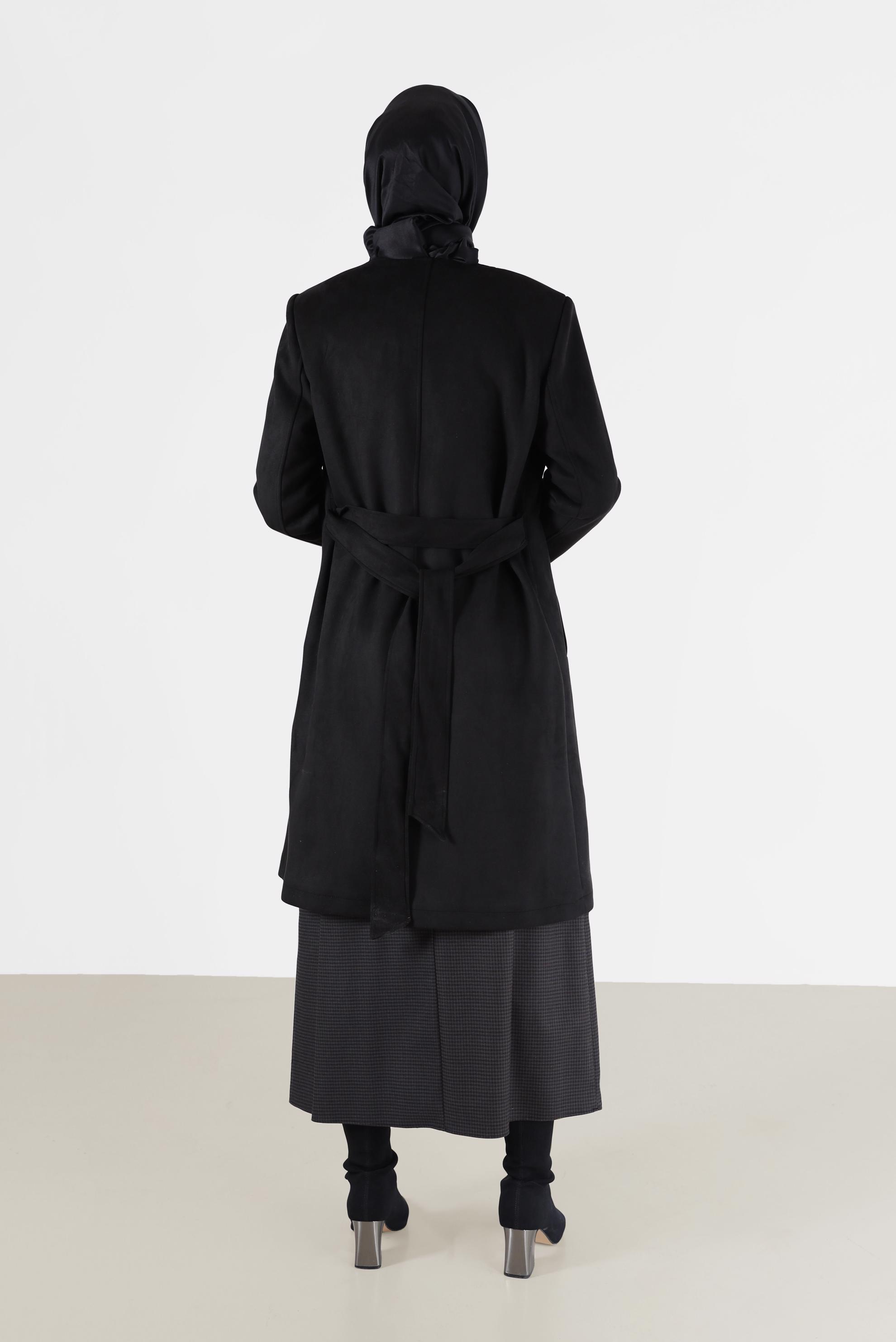 Tesettür giyim SİYAH  PÜSKÜLLÜ ZIMBA DETAYLI SÜET TRENÇKOT 10456