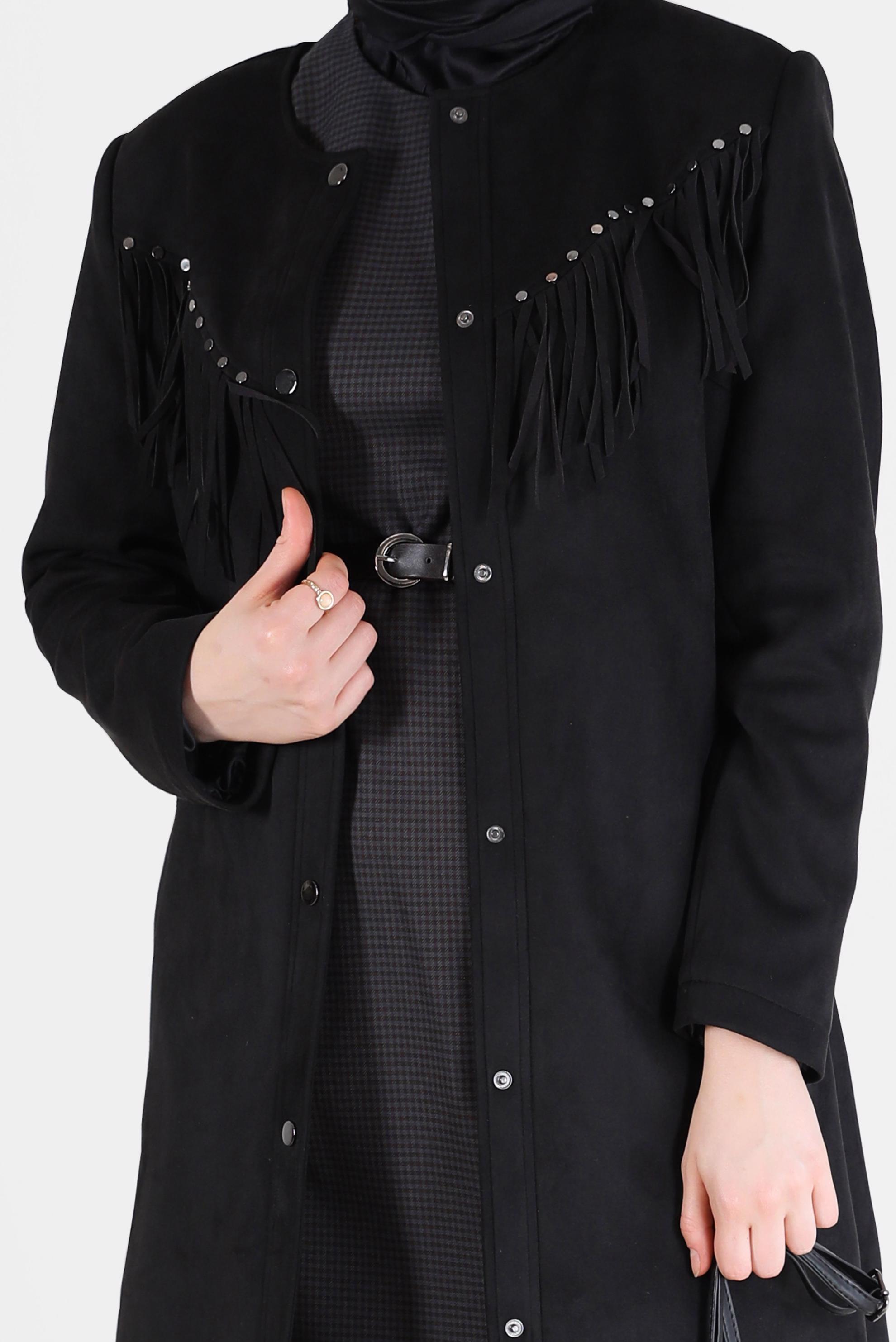 Tesettür giyim SİYAH  PÜSKÜLLÜ ZIMBA DETAYLI SÜET TRENÇKOT 10456