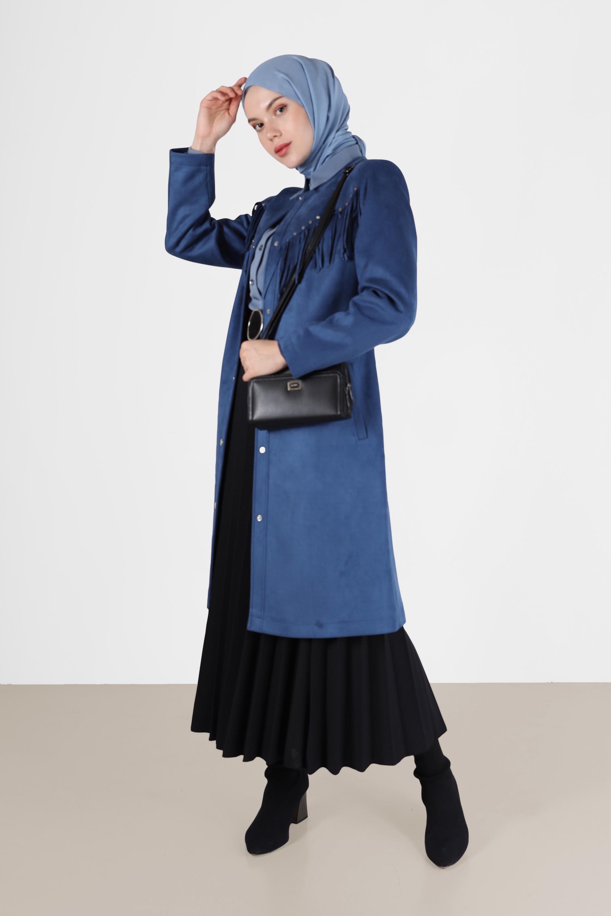Tesettür giyim LACİVERT  PÜSKÜLLÜ ZIMBA DETAYLI SÜET TRENÇKOT 10456