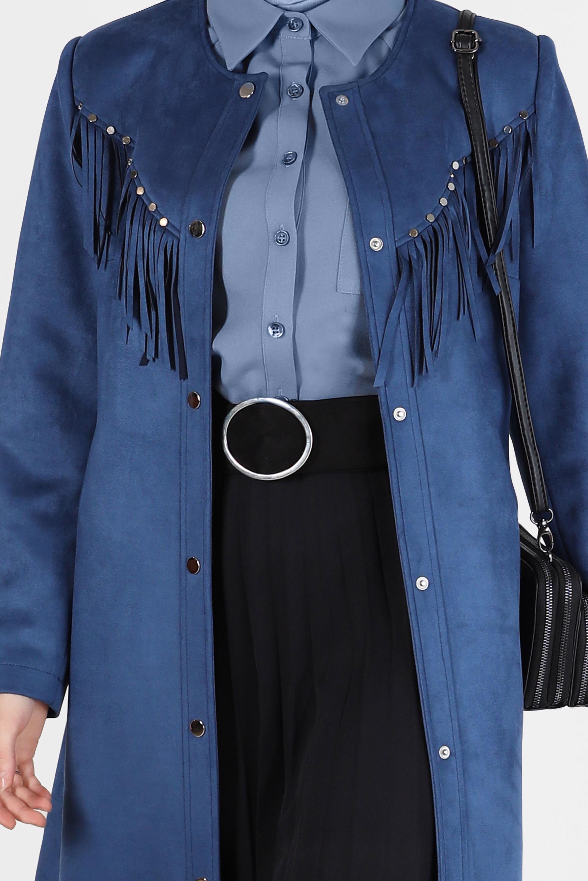 Tesettür giyim LACİVERT  PÜSKÜLLÜ ZIMBA DETAYLI SÜET TRENÇKOT 10456