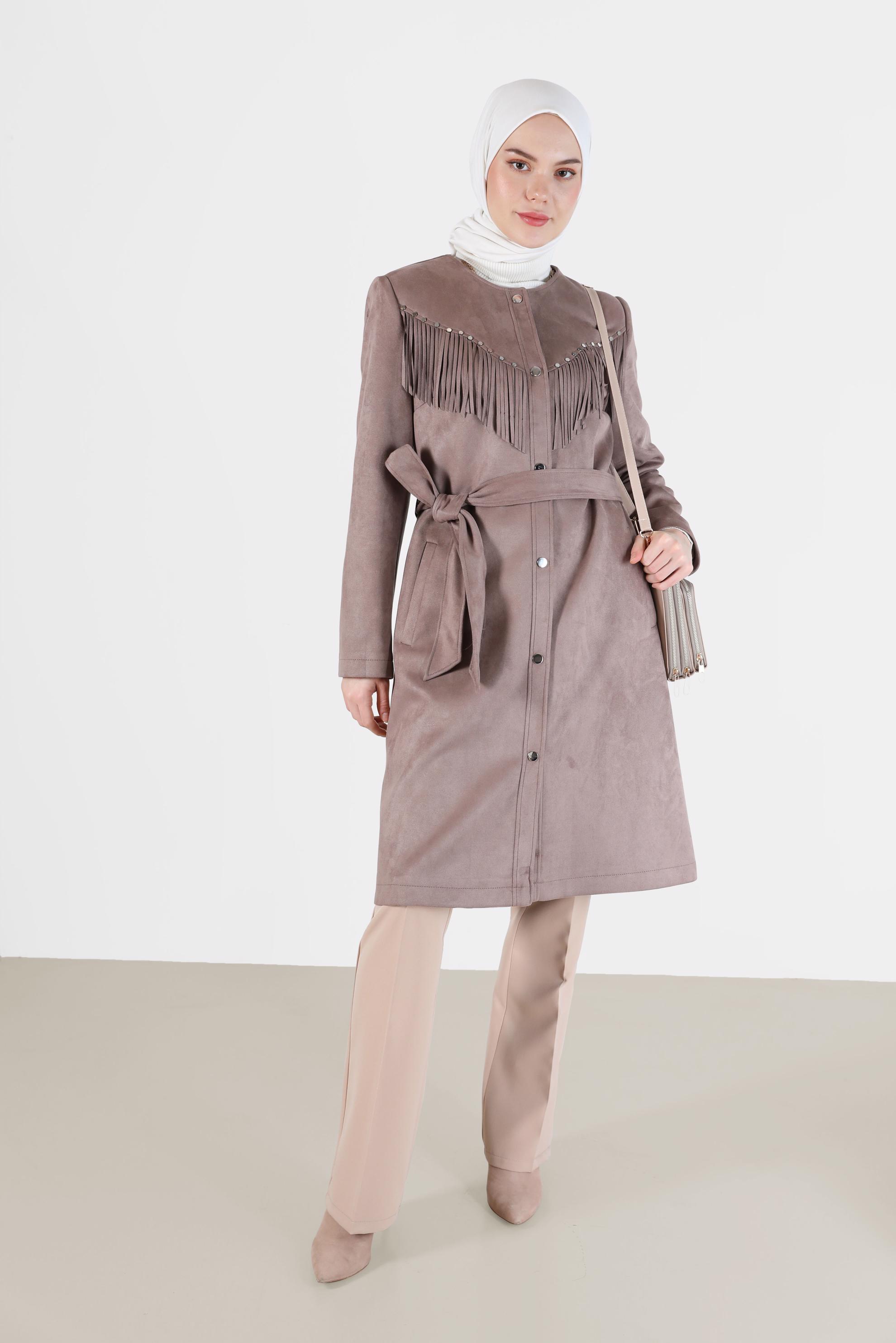 Hijab clothing MINK  FRINGED STUD DETAIL SUEDE TRENCH COAT 10456