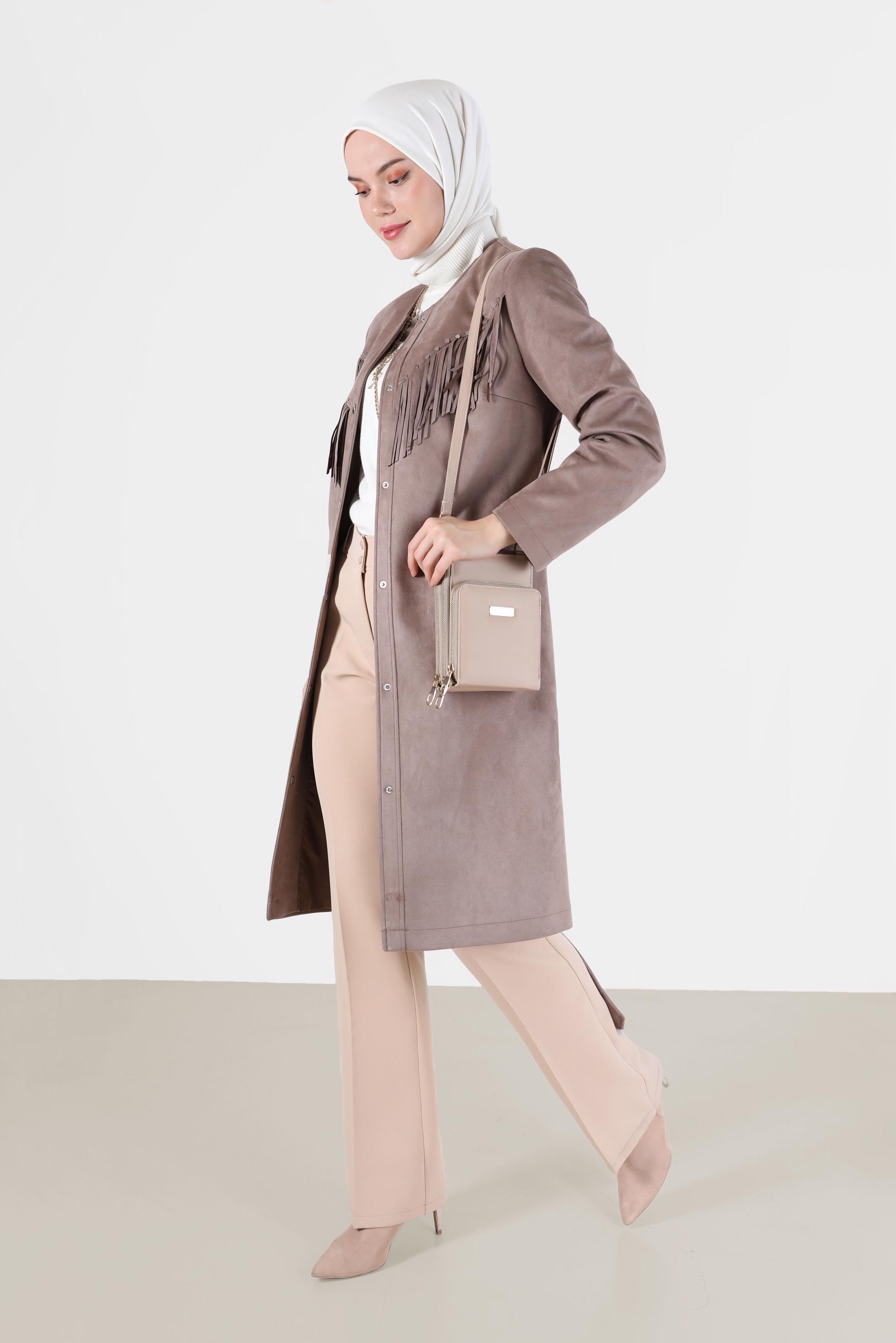 Hijab clothing MINK  FRINGED STUD DETAIL SUEDE TRENCH COAT 10456