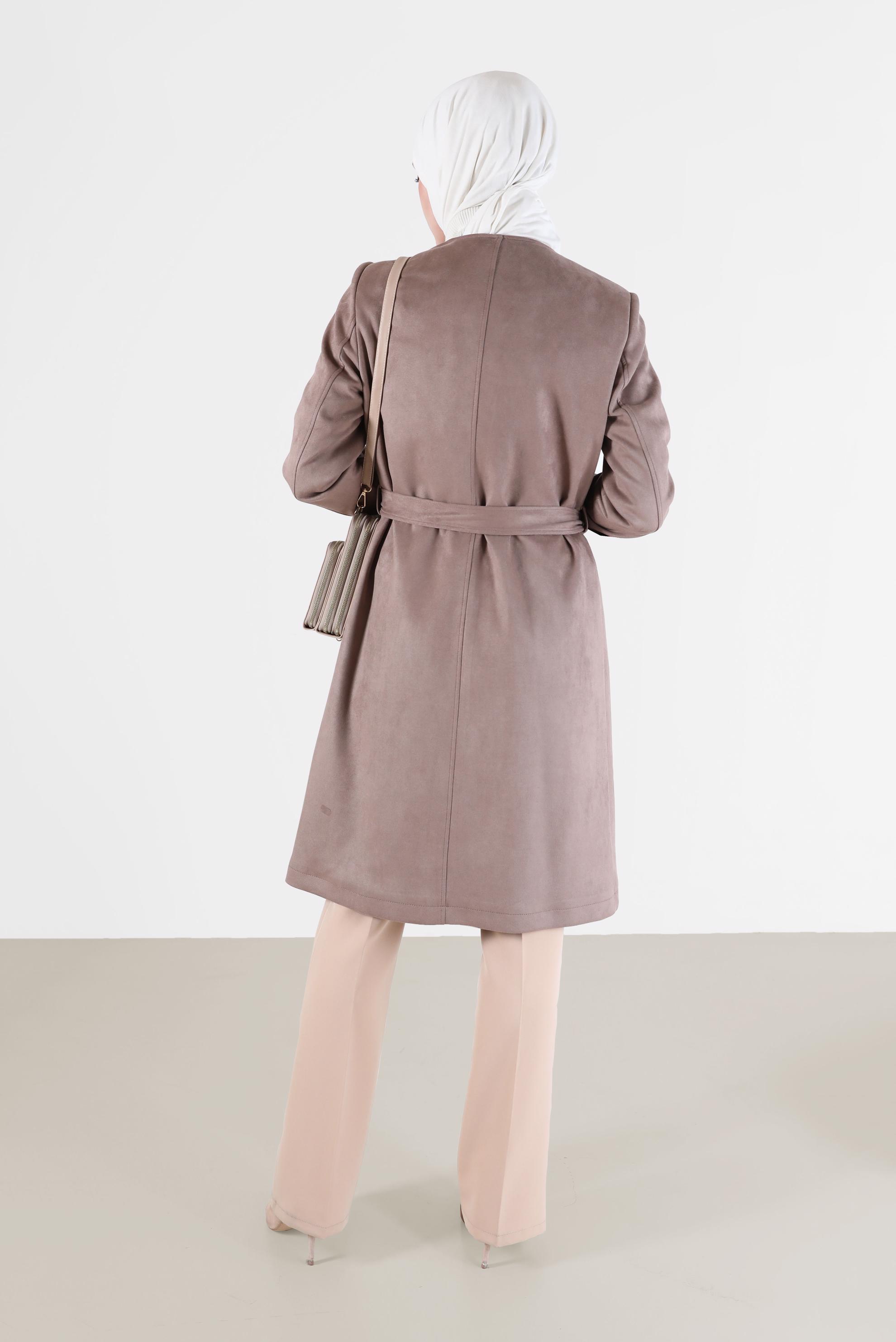 Hijab clothing MINK  FRINGED STUD DETAIL SUEDE TRENCH COAT 10456