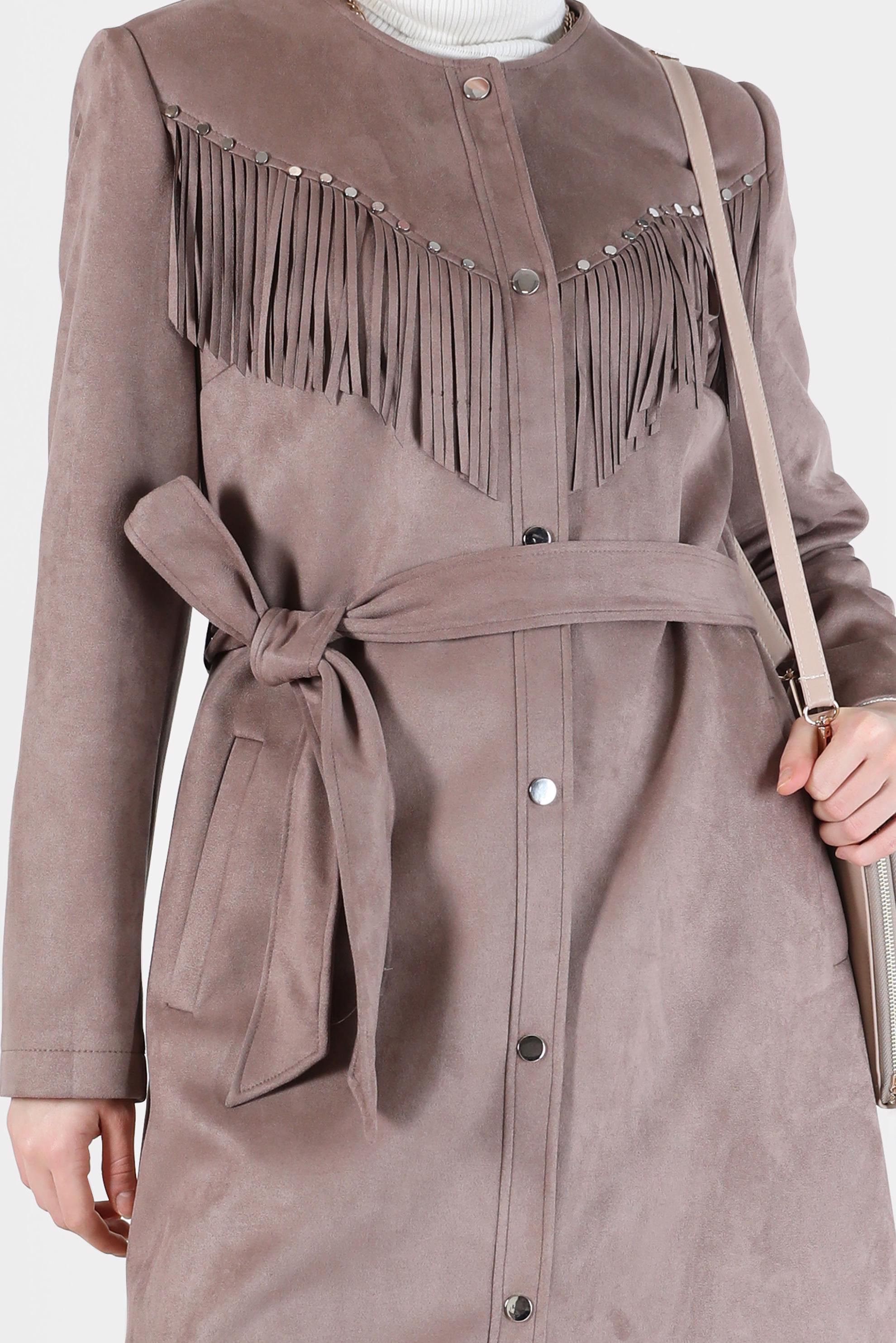 Hijab clothing MINK  FRINGED STUD DETAIL SUEDE TRENCH COAT 10456