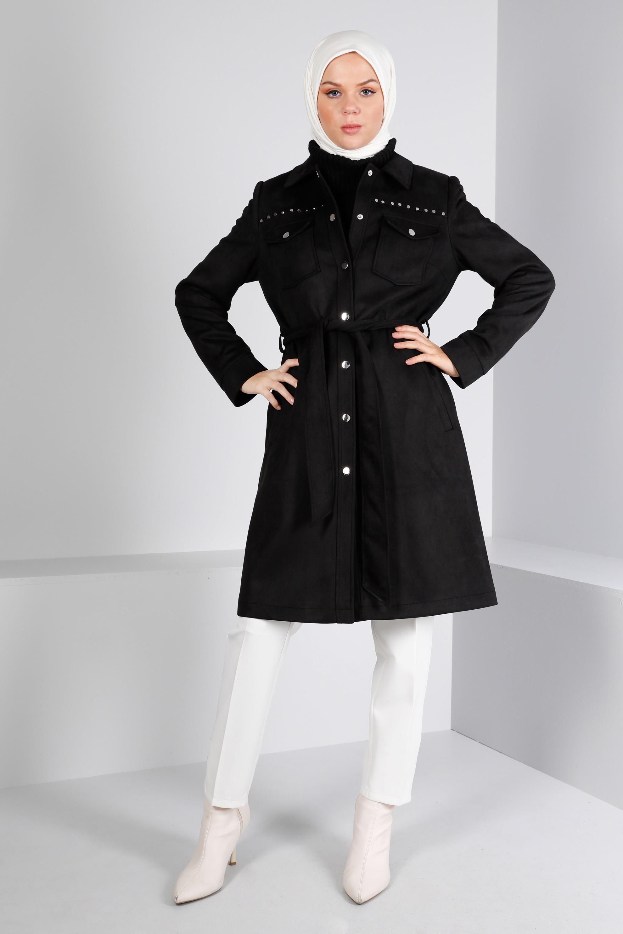 Tesettür giyim SİYAH ZIMBA DETAYLI KUŞAKLI SÜET TRENÇKOT 10457	