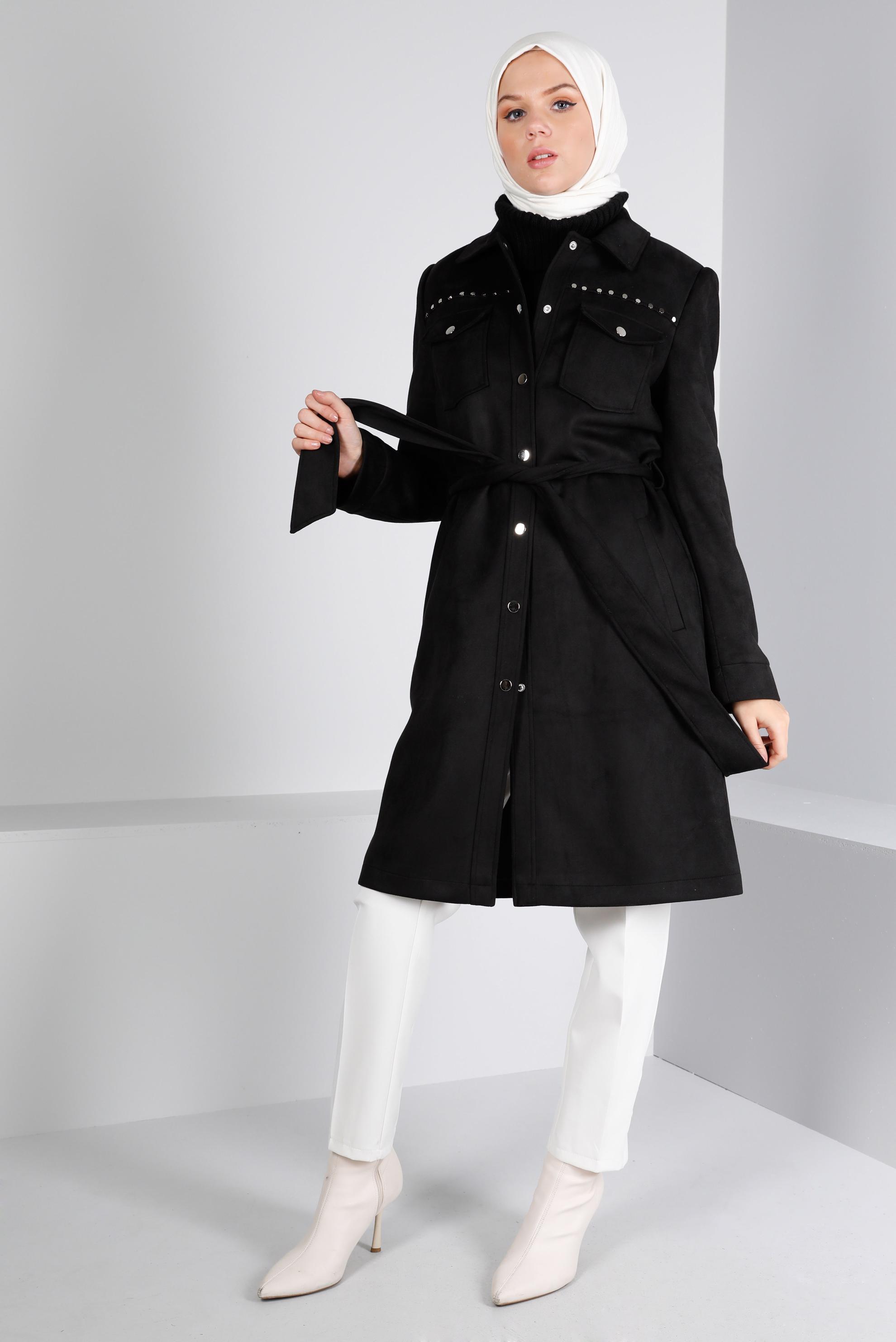 Tesettür giyim SİYAH ZIMBA DETAYLI KUŞAKLI SÜET TRENÇKOT 10457	